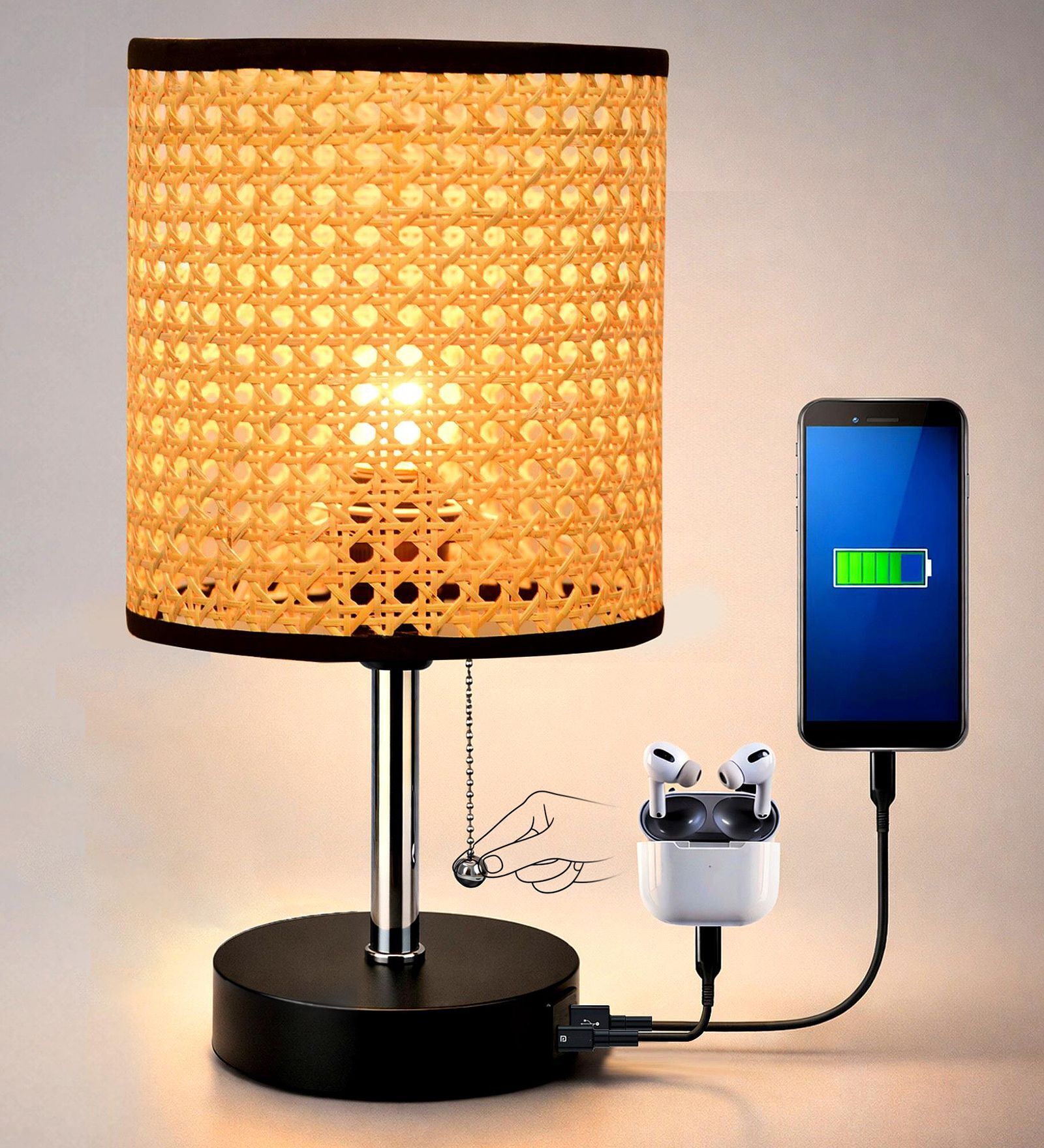 Bedside Lamp for Bedroom Nightstand Table Light with USB A | C Charging Port-Chain Pull Control