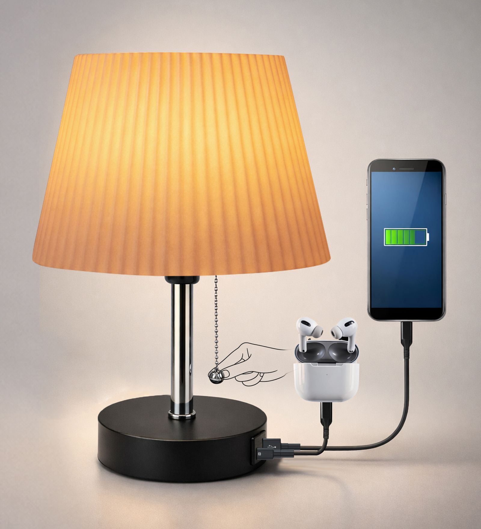 Bedside Lamp for Bedroom Nightstand Table Light with USB A | C Charging Port-Chain Pull Control