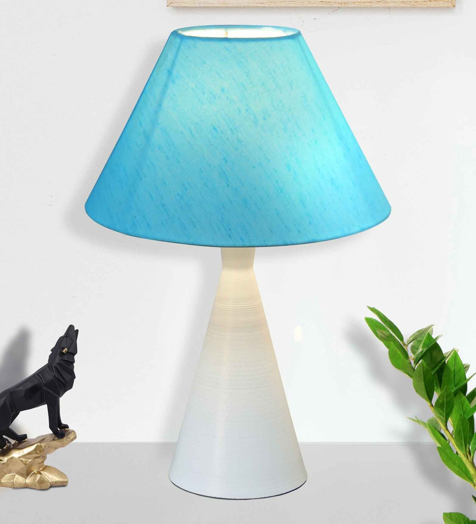 Matt Black Metal Modern Lamp with Fabric Shade, White Cone, Turquoise Shade
