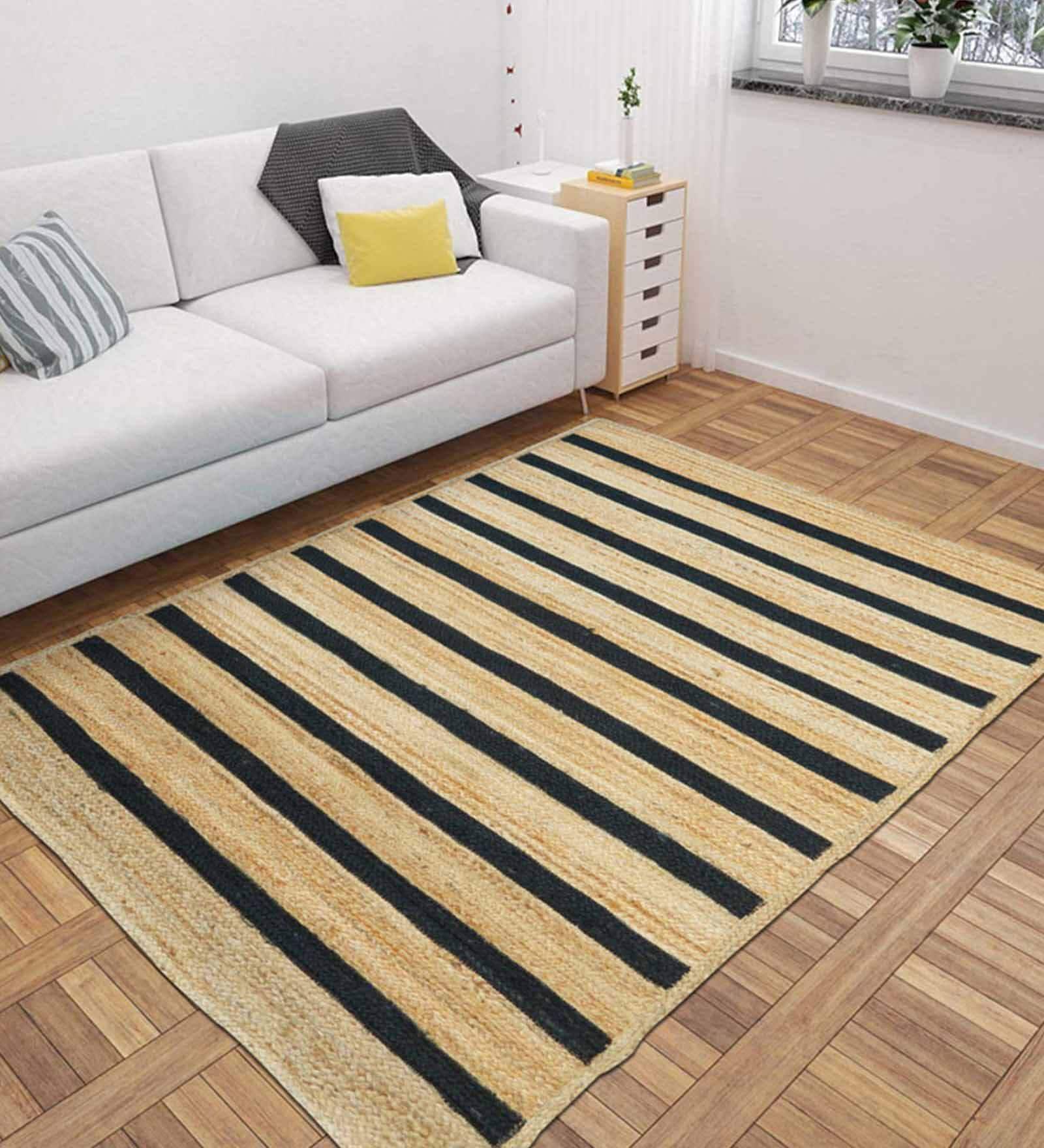 Beige Striped Jute 4 ft x 6 ft Hand Woven Carpet