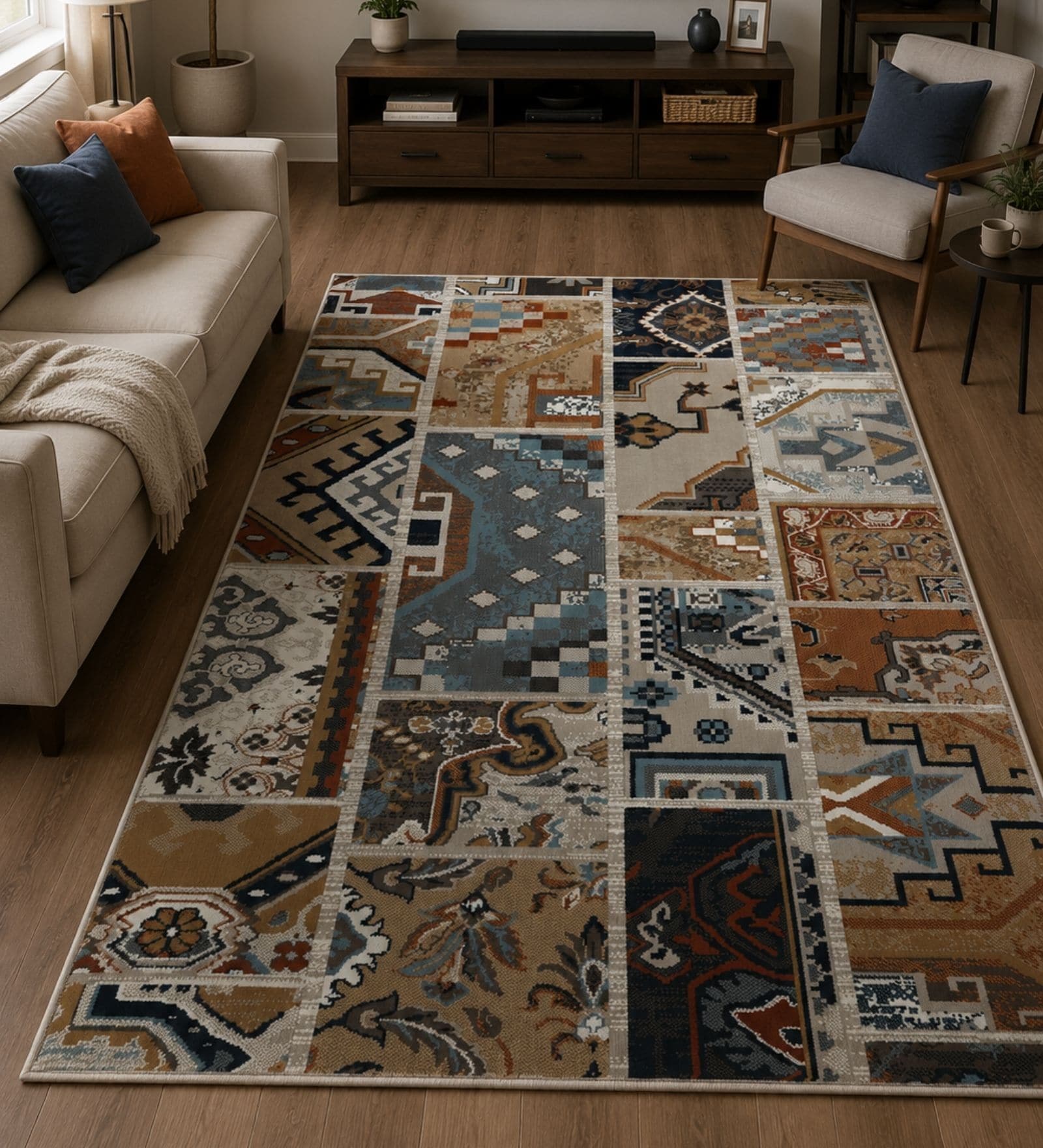 Beige & Blue Abstract PP Heatset 6 x 9 Feet  Machine -Made Carpet