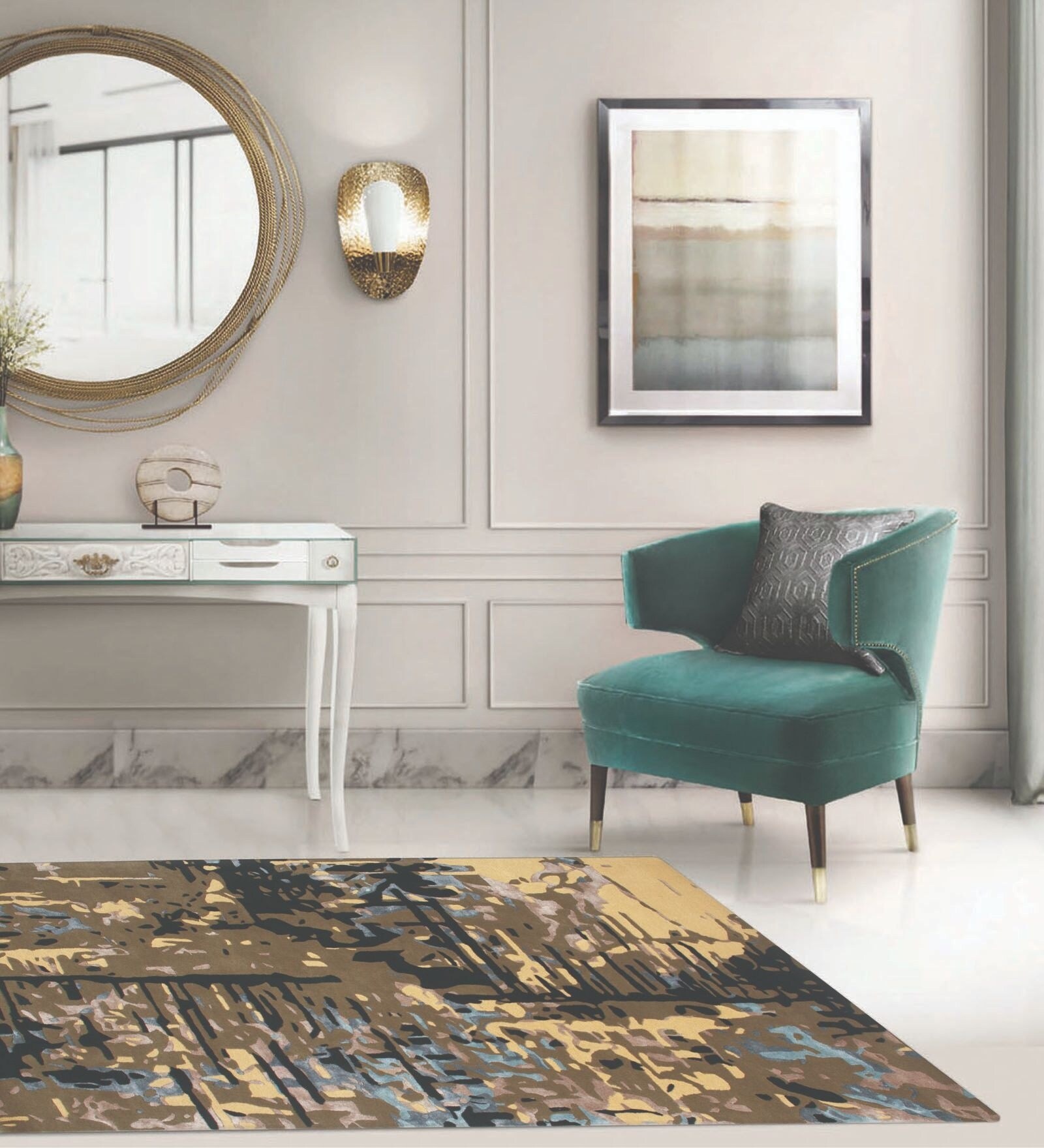 Beige & Blue Abstract Wool And Viscose 4 ft x 6 ft Hand tufted Carpet 