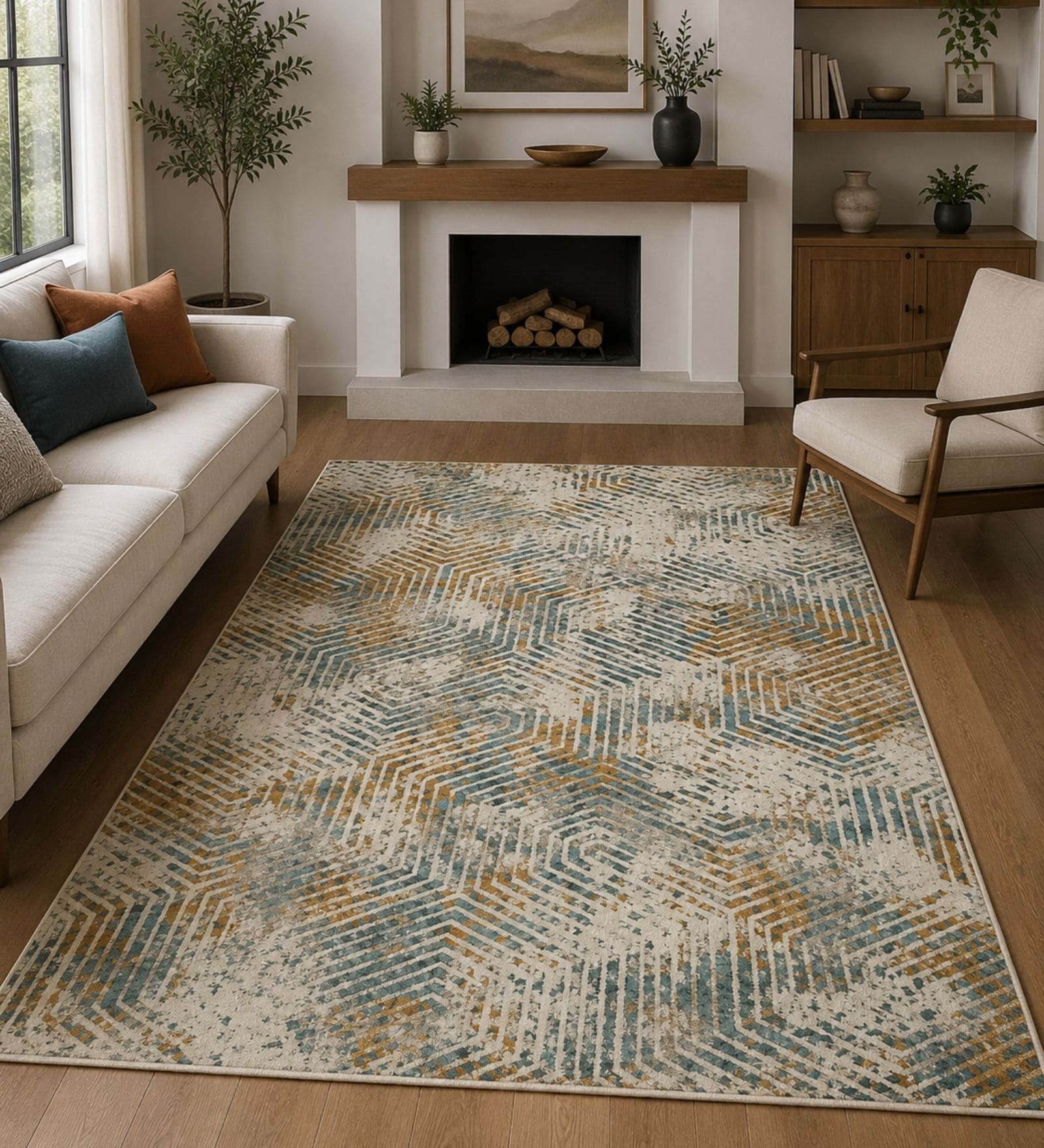 Beige & Blue Contemporary PP Heatset 6 x 9 Feet  Machine -Made Carpet
