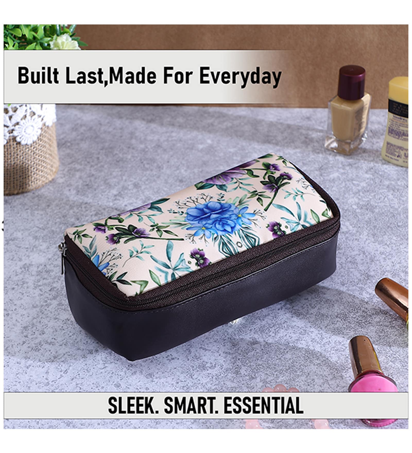 Beige & Blue Floral Printed Make Up Pouch