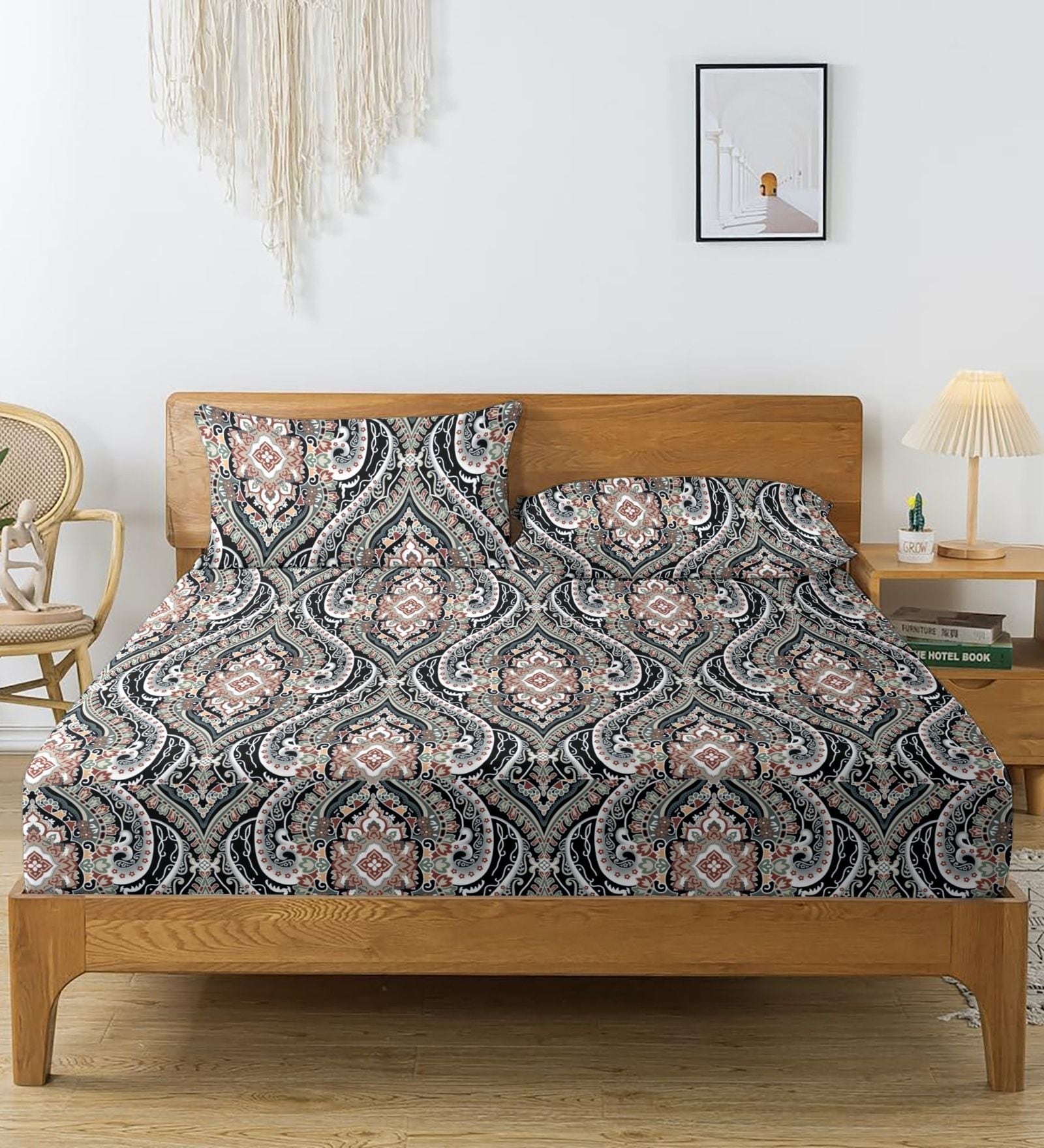 Beige & Blue Glace Cotton Floral Print Elastic Fitted King Bedsheet With 2 Pillow Covers