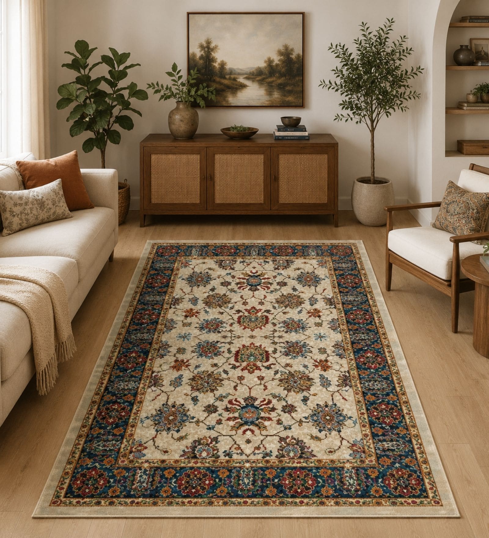 Beige & Blue Traditional PP Heatset 3 x 5 Feet  Machine -Made Carpet