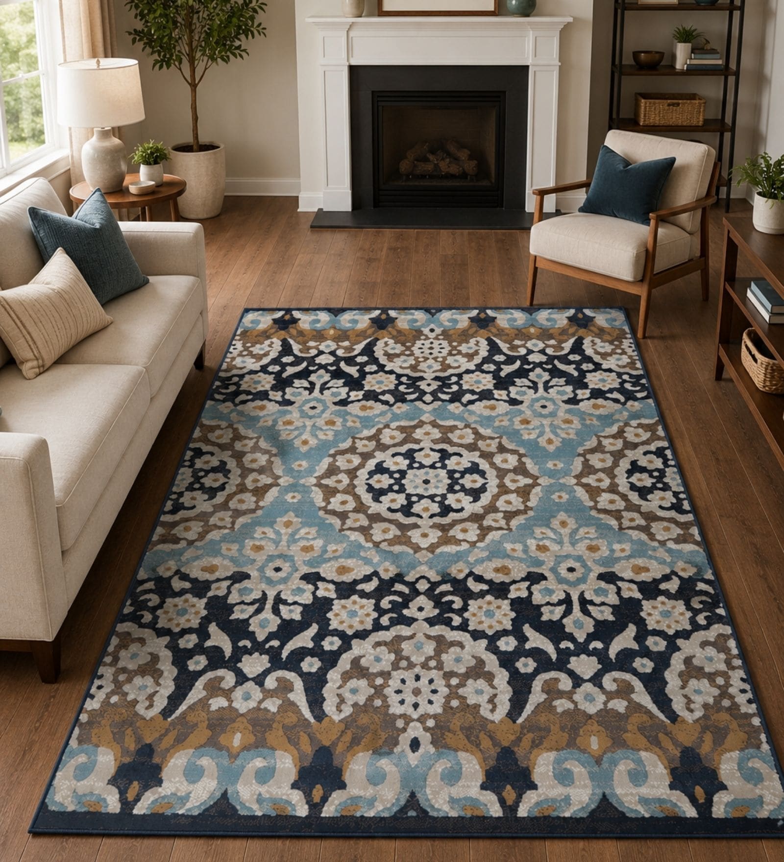 Beige & Blue Traditional PP Heatset 3 x 5 Feet  Machine -Made Carpet
