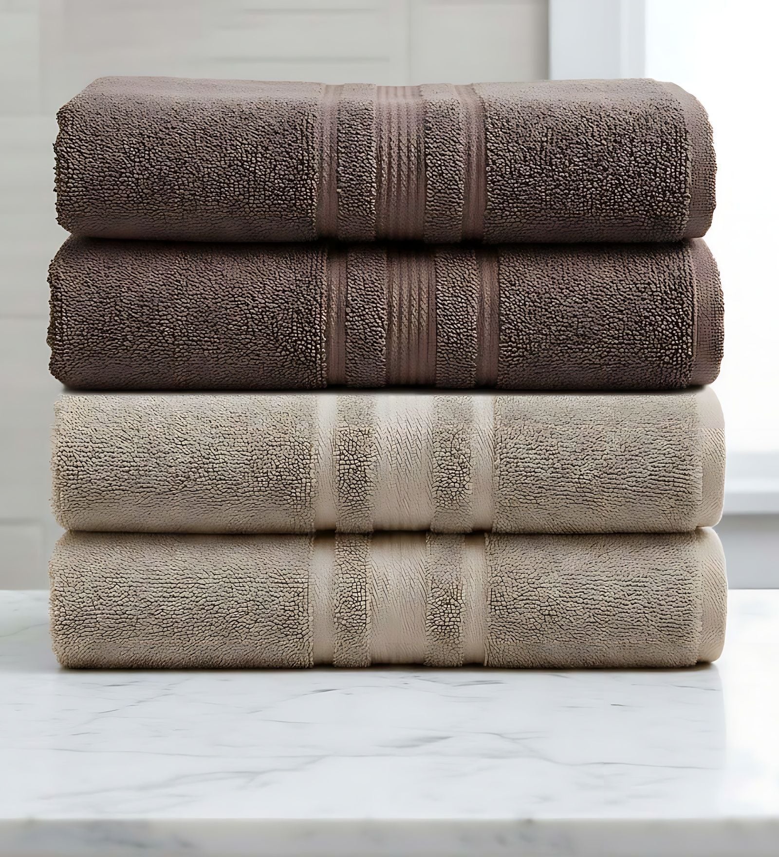 Beige & Brown Soft Cotton 500 GSM Solid Bath Towel Pack Of 4