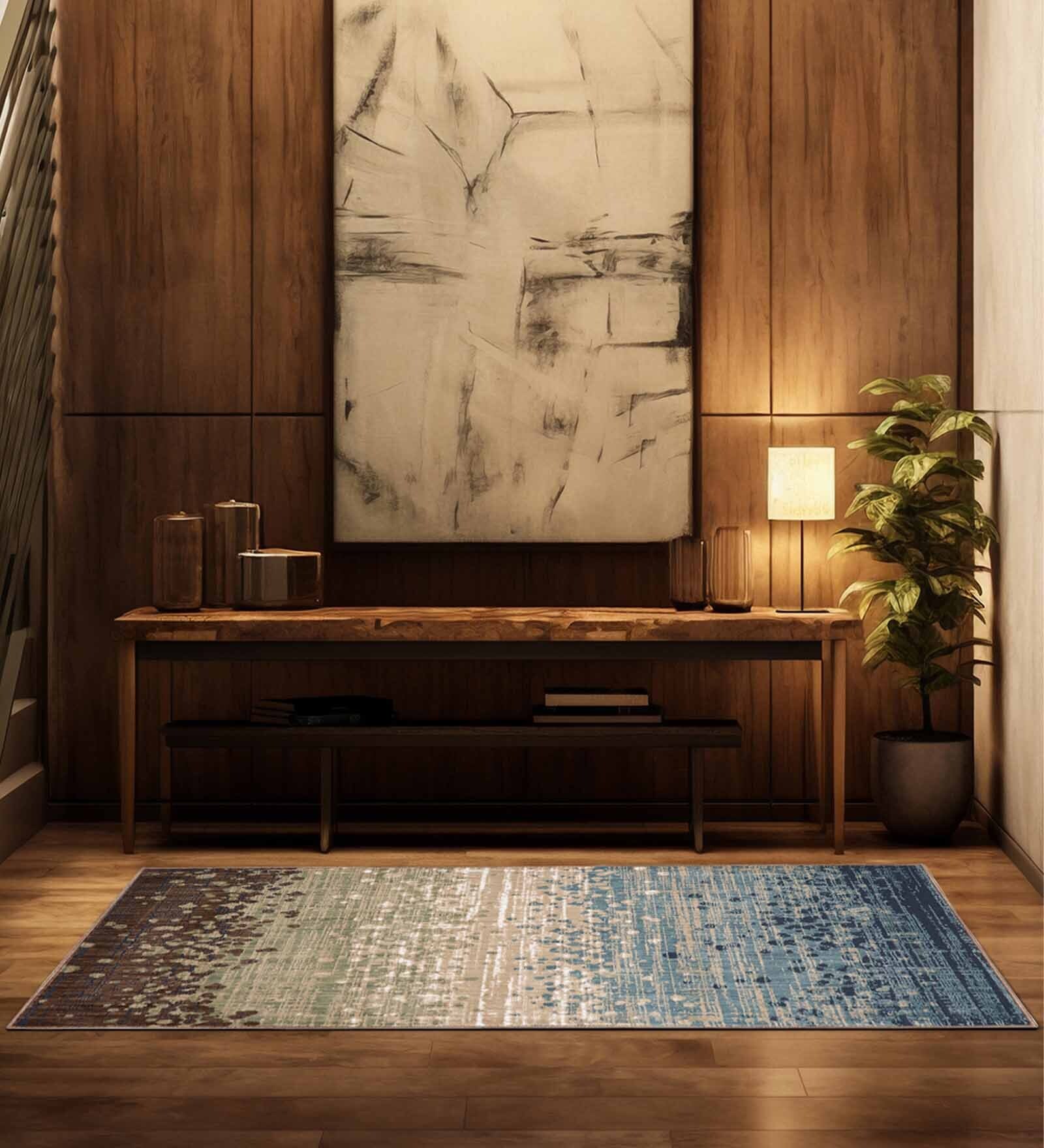 Beige & Brown Abstract Polyester 5 x 7 Feet Machine Made Carpet