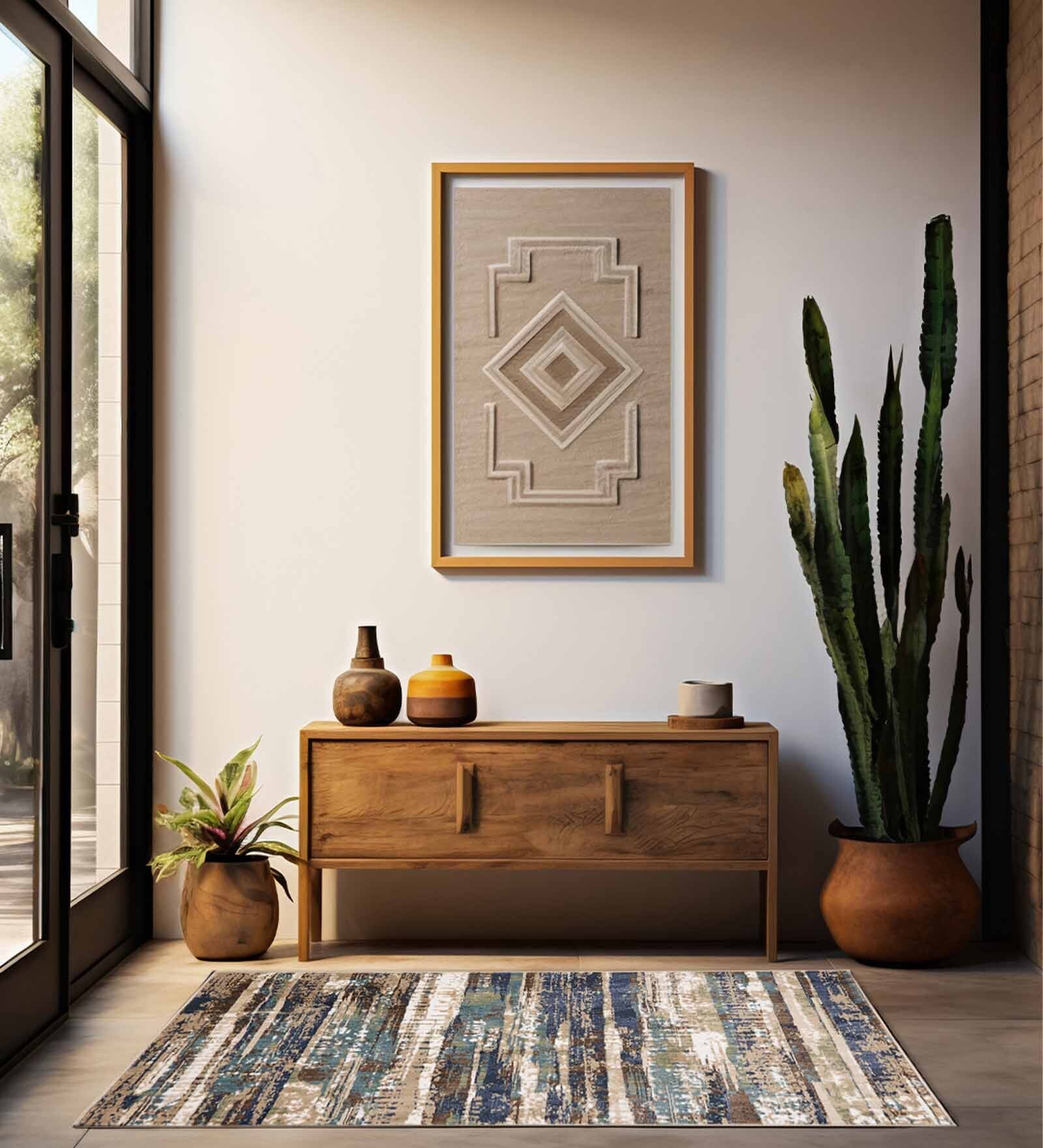 Beige & Brown Abstract Polyester 5 x 7 Feet Machine Made Carpet