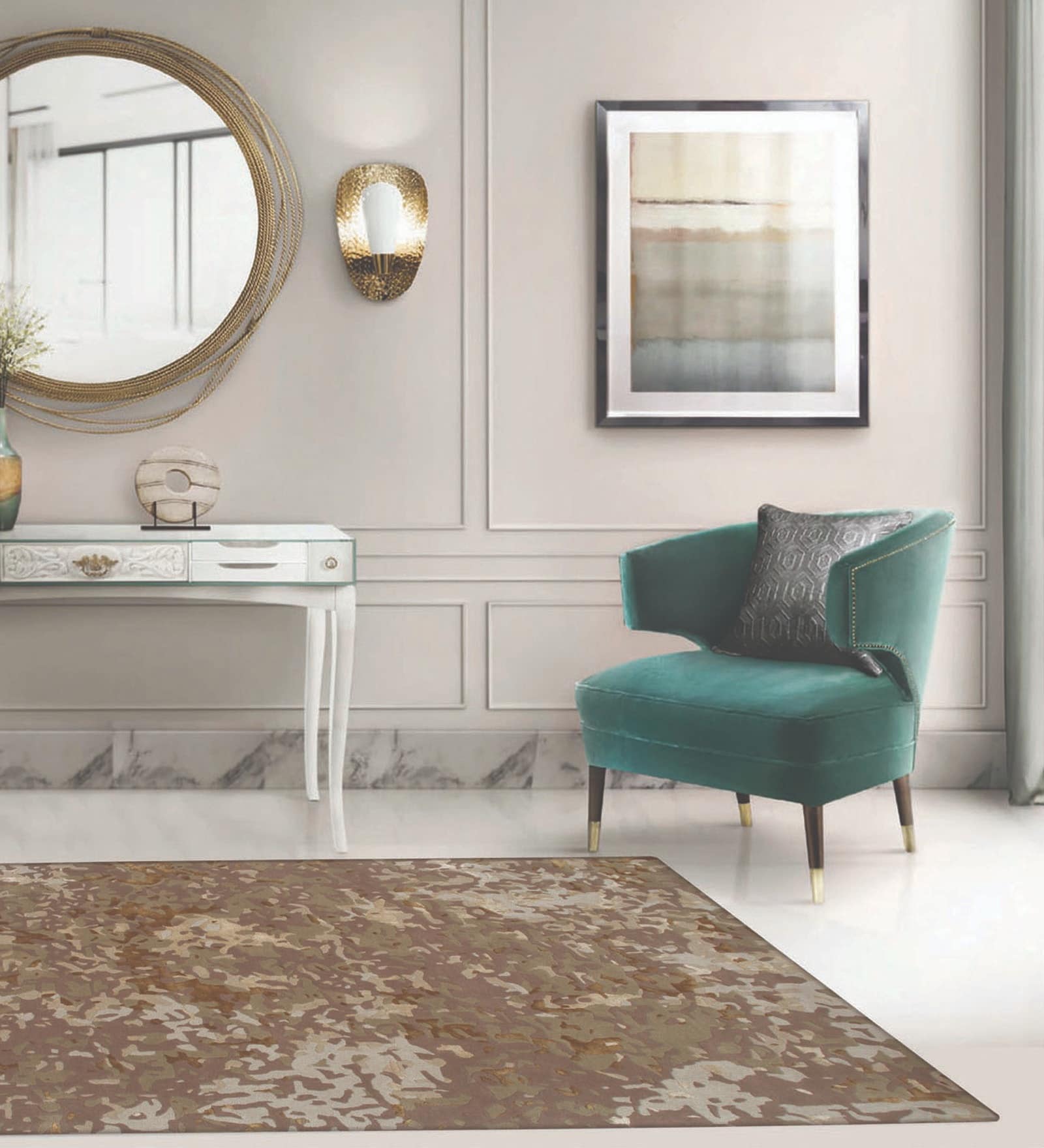 Beige & Brown Abstract Wool And Viscose 5 ft x 7 ft Hand tufted Carpet 