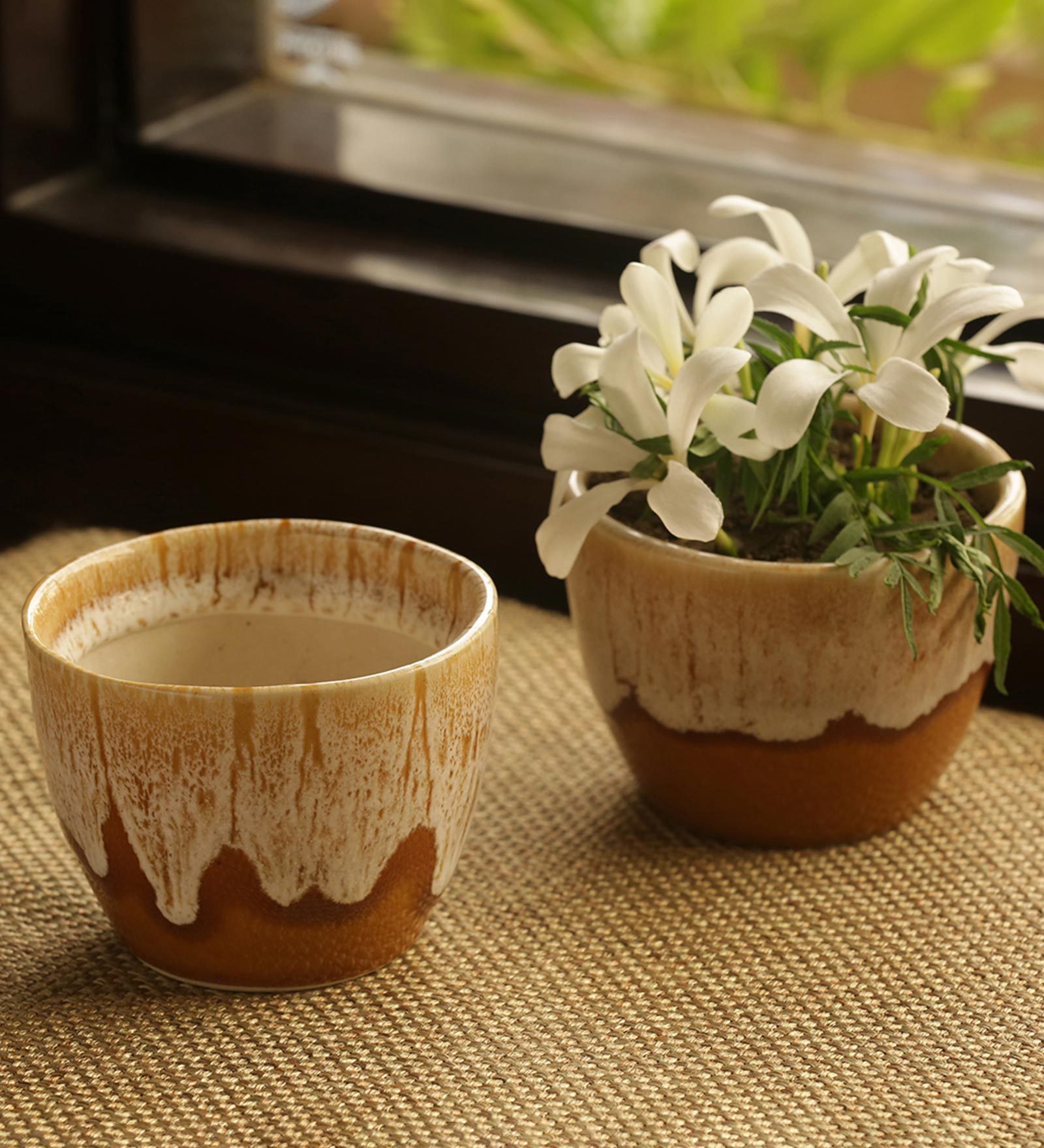 Beige & Brown Ceramic Melting Glaciers Studio Pottery Decorative Planters