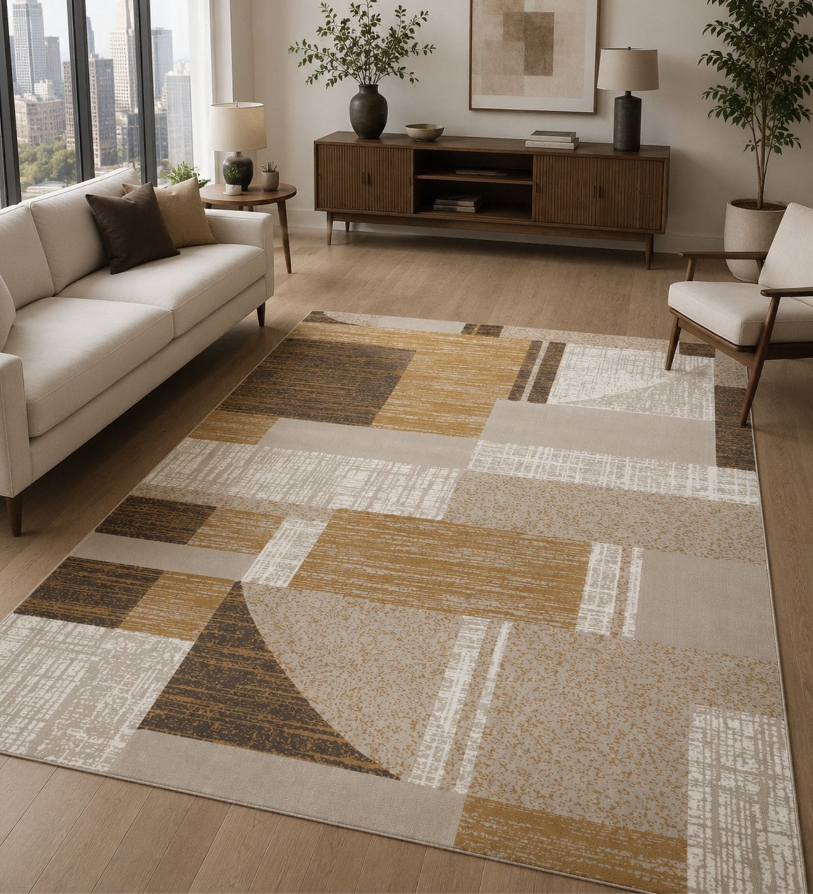 Beige & Brown Contemporary PP Heatset 6 x 9 Feet  Machine -Made Carpet