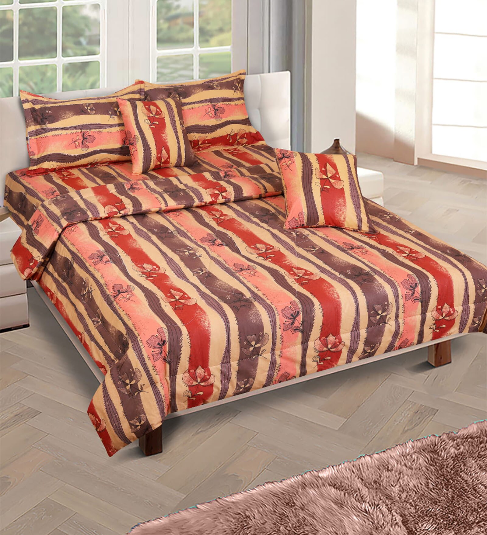 Beige & Brown Floral 210 TC Cotton 6 Pieces Bedding Set Collection