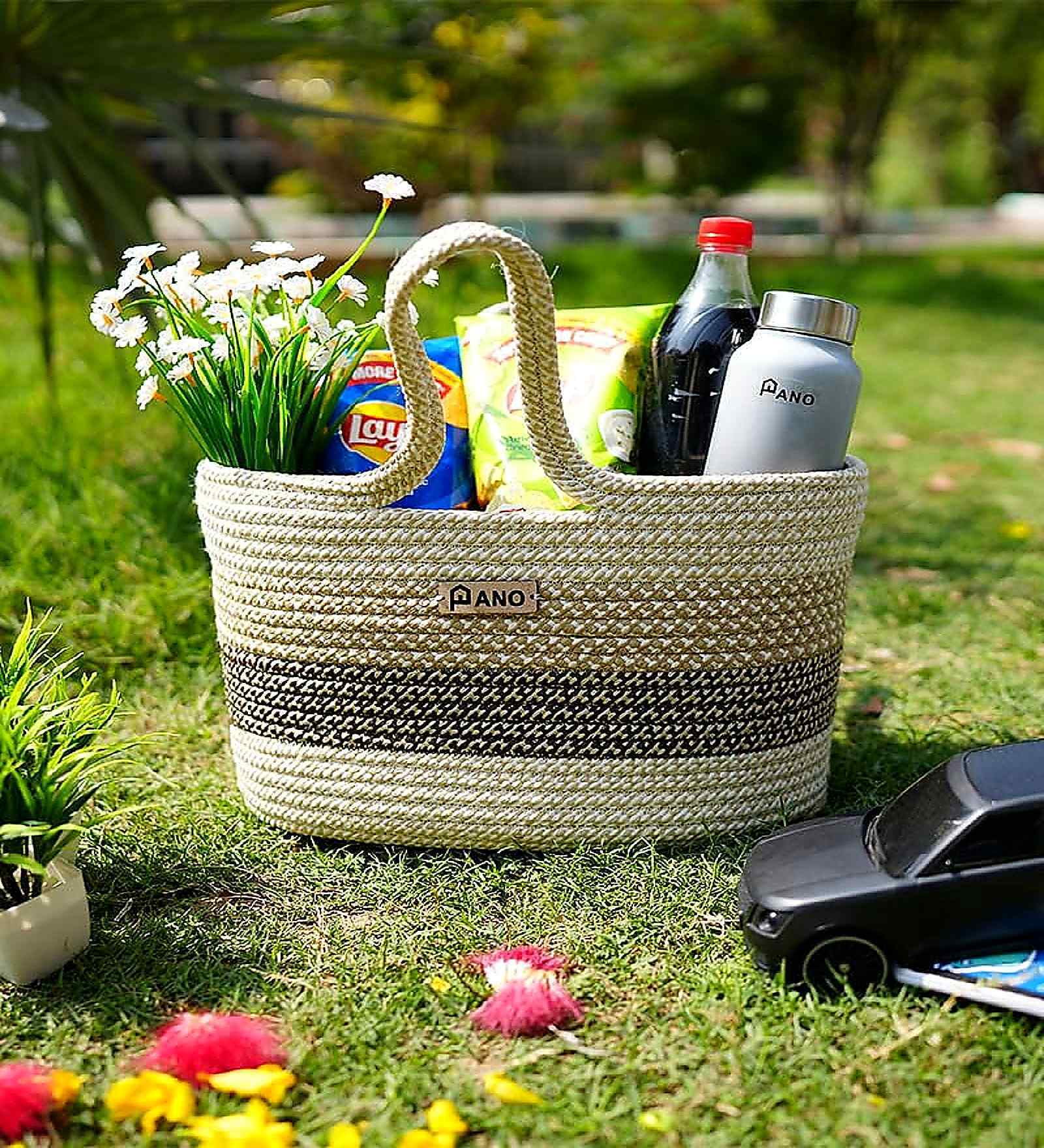 Beige & Brown Polypropelyene Floris Tote Storage Basket