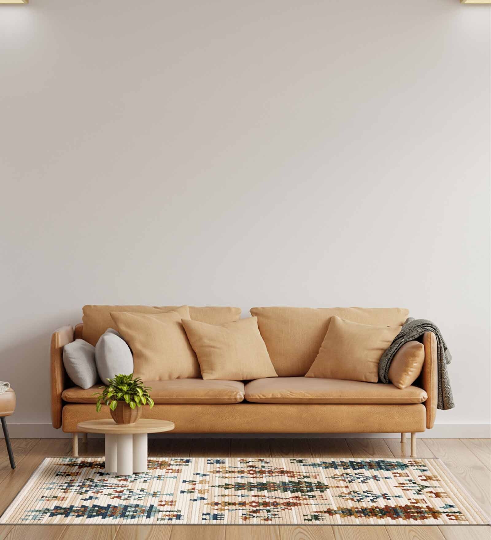 Beige & Brown Traditional Polyester 4 x 6 Feet Machine Made Carpet