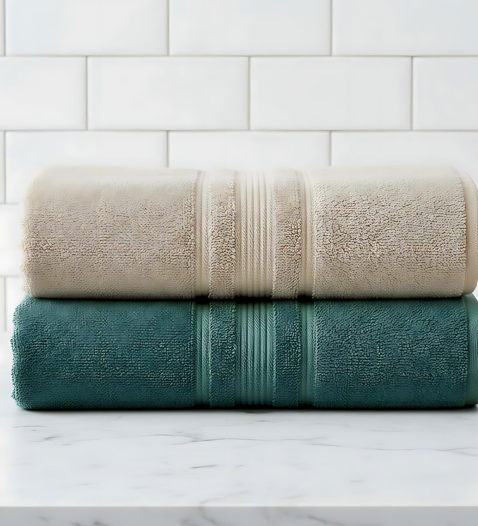 Beige & Dark Green Soft Cotton 500 GSM Solid Bath Towel Pack Of 2