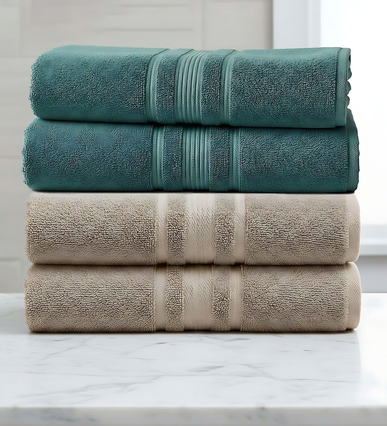 Beige & Dark Green Soft Cotton 500 GSM Solid Bath Towel Pack Of 4