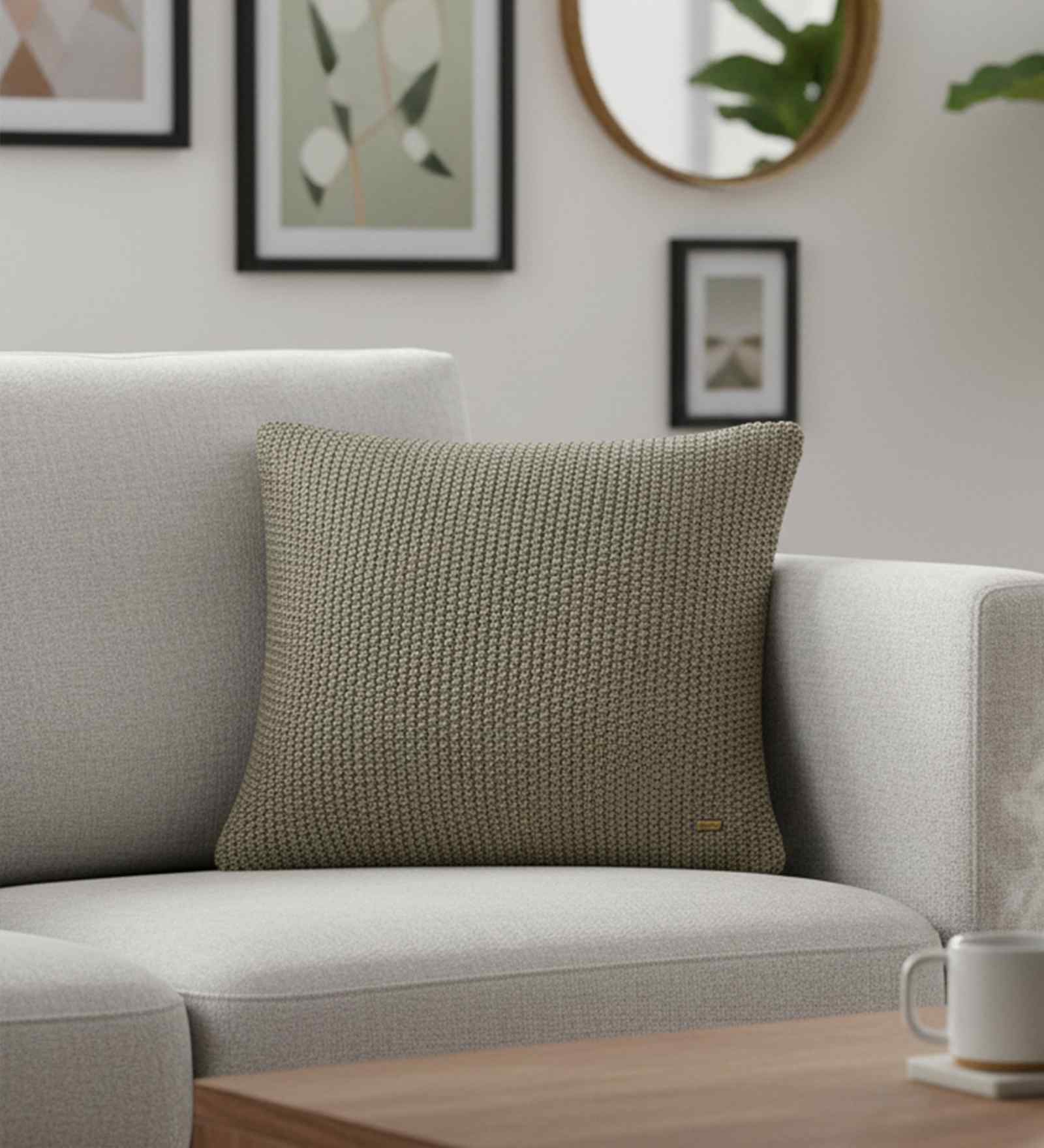 Beige & Dull Gold Color 100% Cotton Moss Knit 18X18 Inches Knitted Cushion Cover