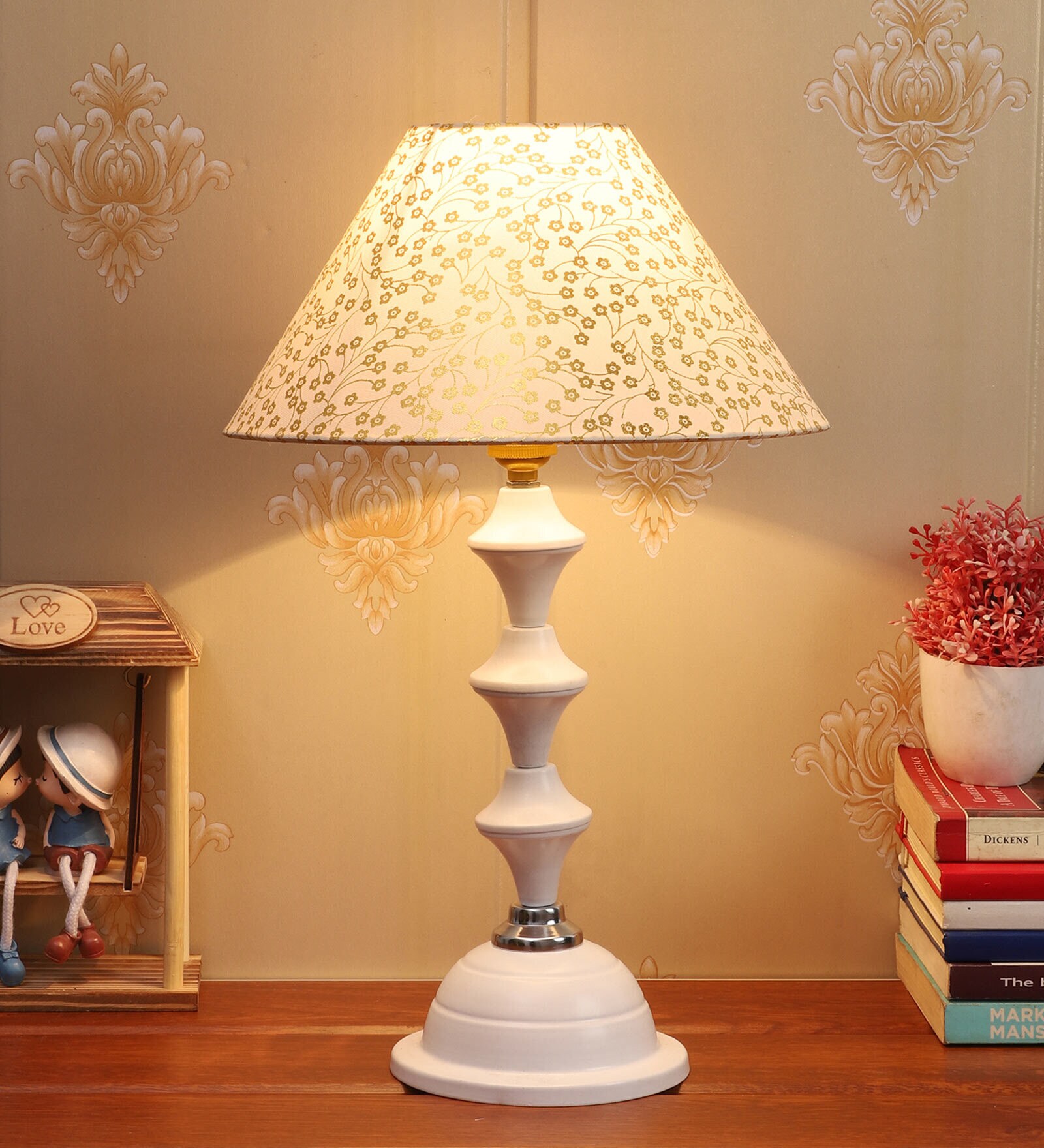 Accent Beige Fabric Shade Night Lamp With Metal Base