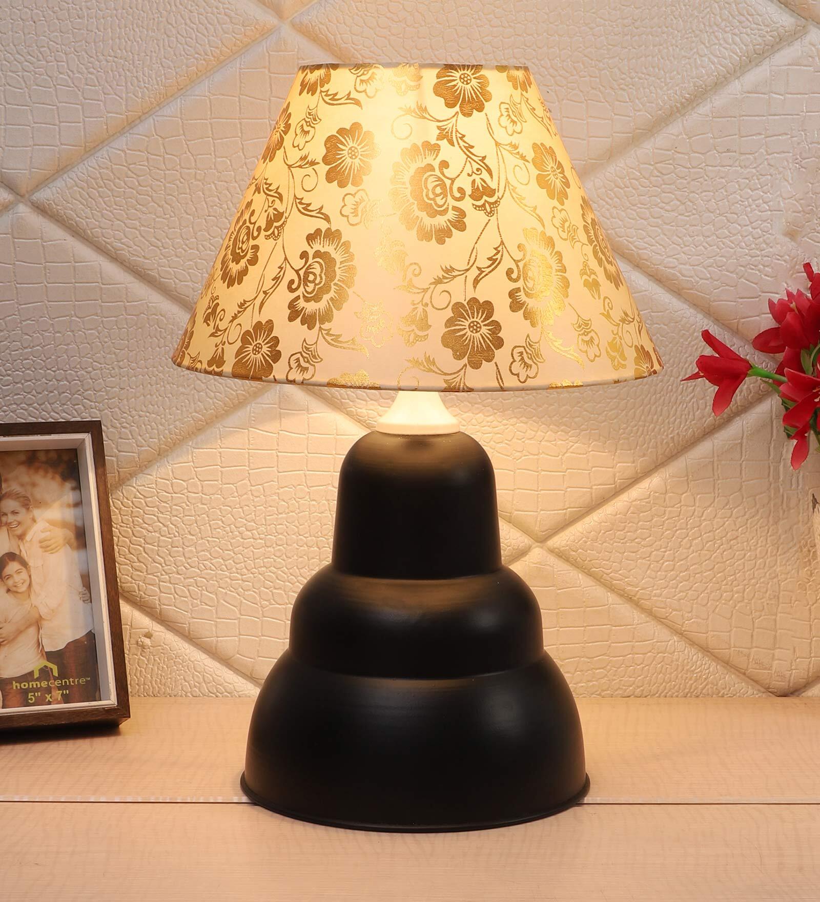 Beige & Gold Shade Table Lamp With Black Base