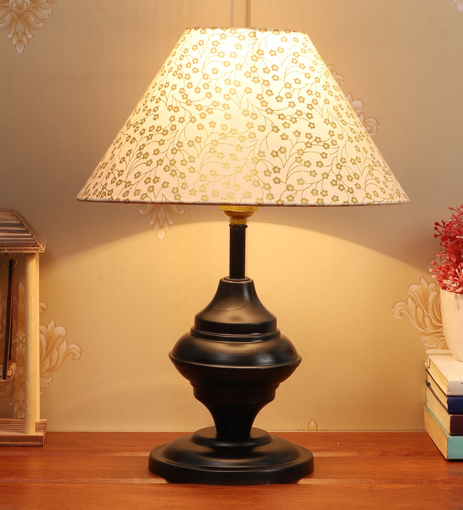 Marazzi Beige and Gold Fabric Shade Night Lamp With Metal Base
