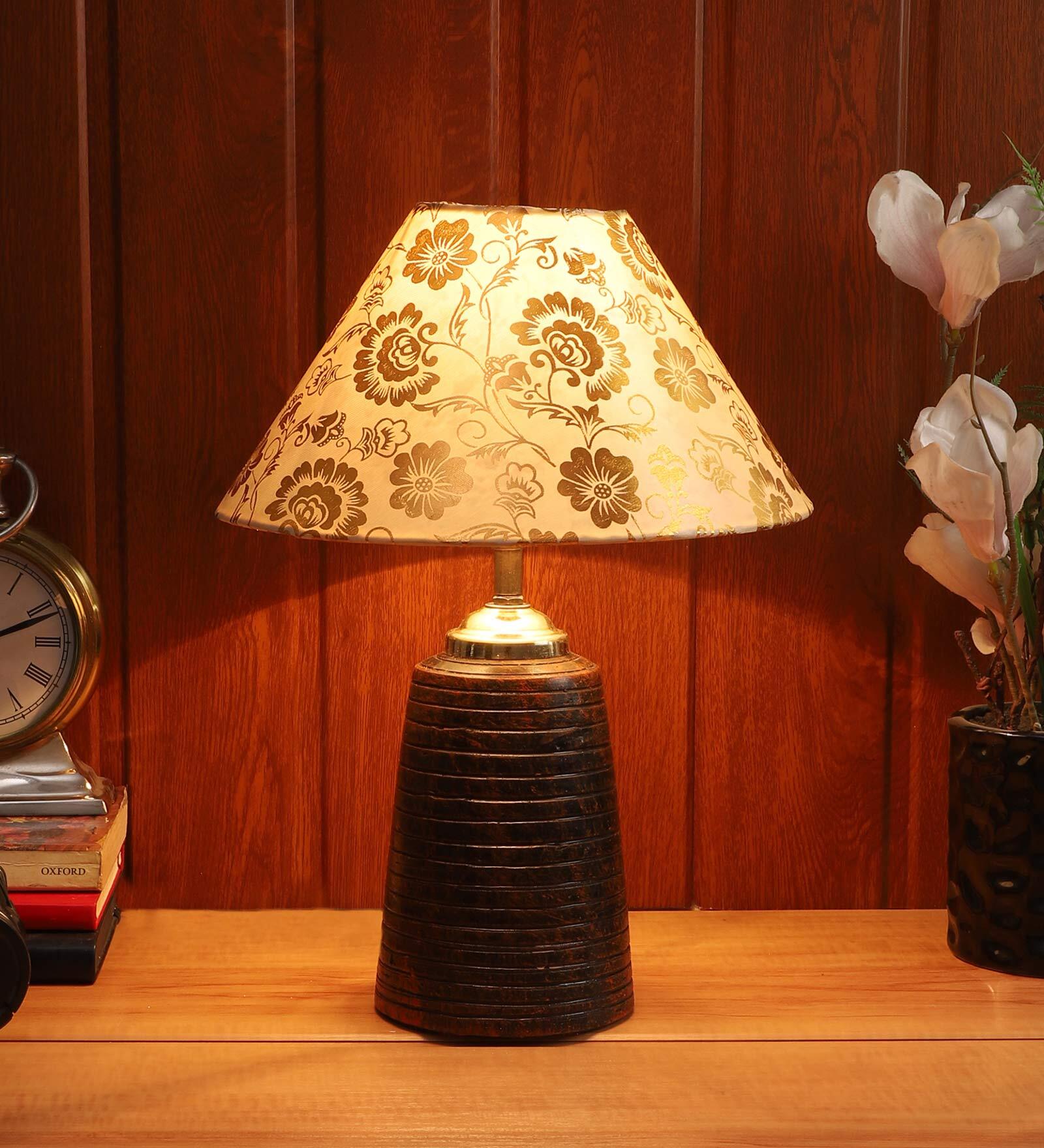 Beige & Gold Shade Table Lamp With Brown Base