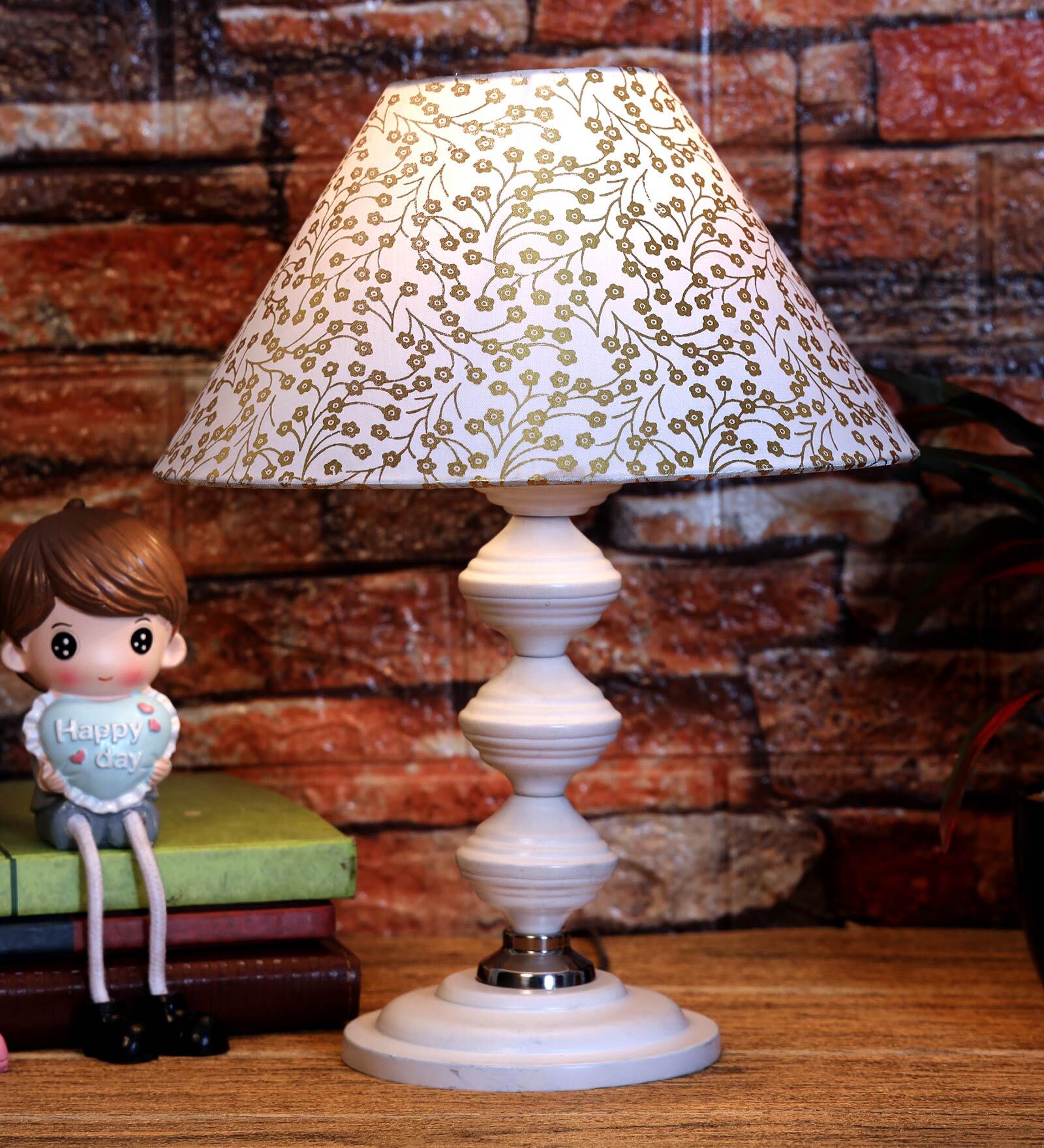 Beige & Gold Shade Table Lamp With Metal Base