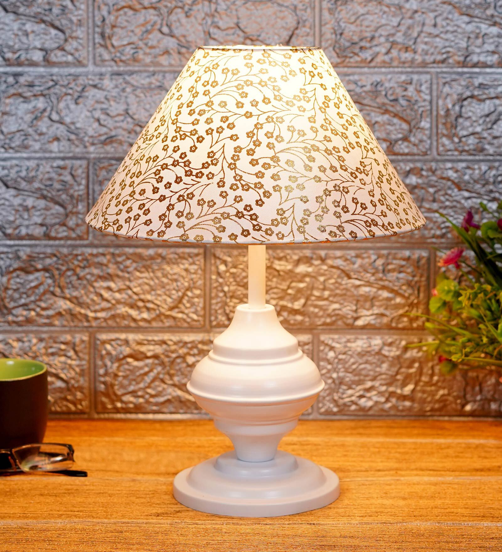 Beige & Gold Shade Table Lamp With Metal Base