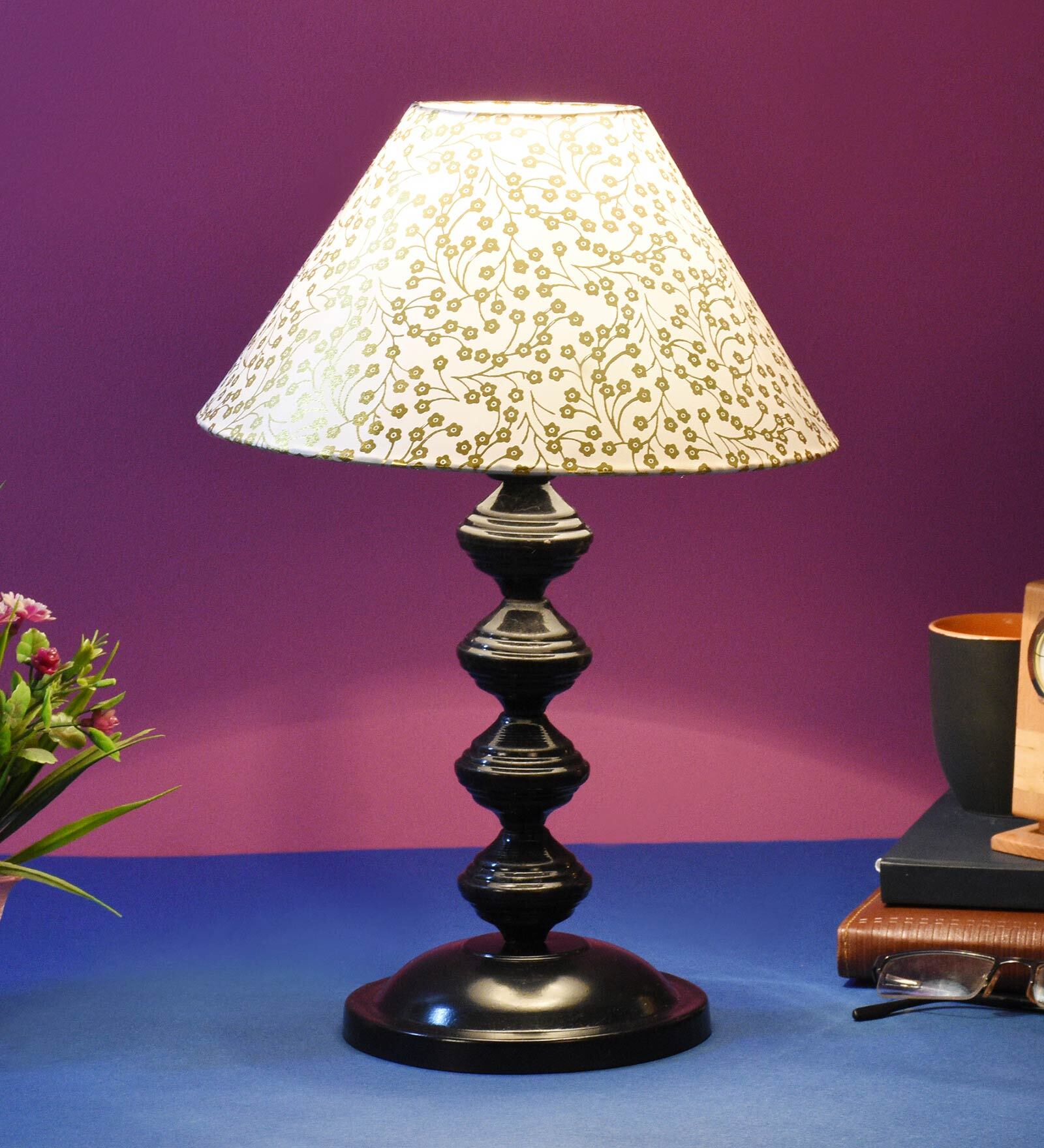 Beige & Gold Shade Table Lamp With Metal Base