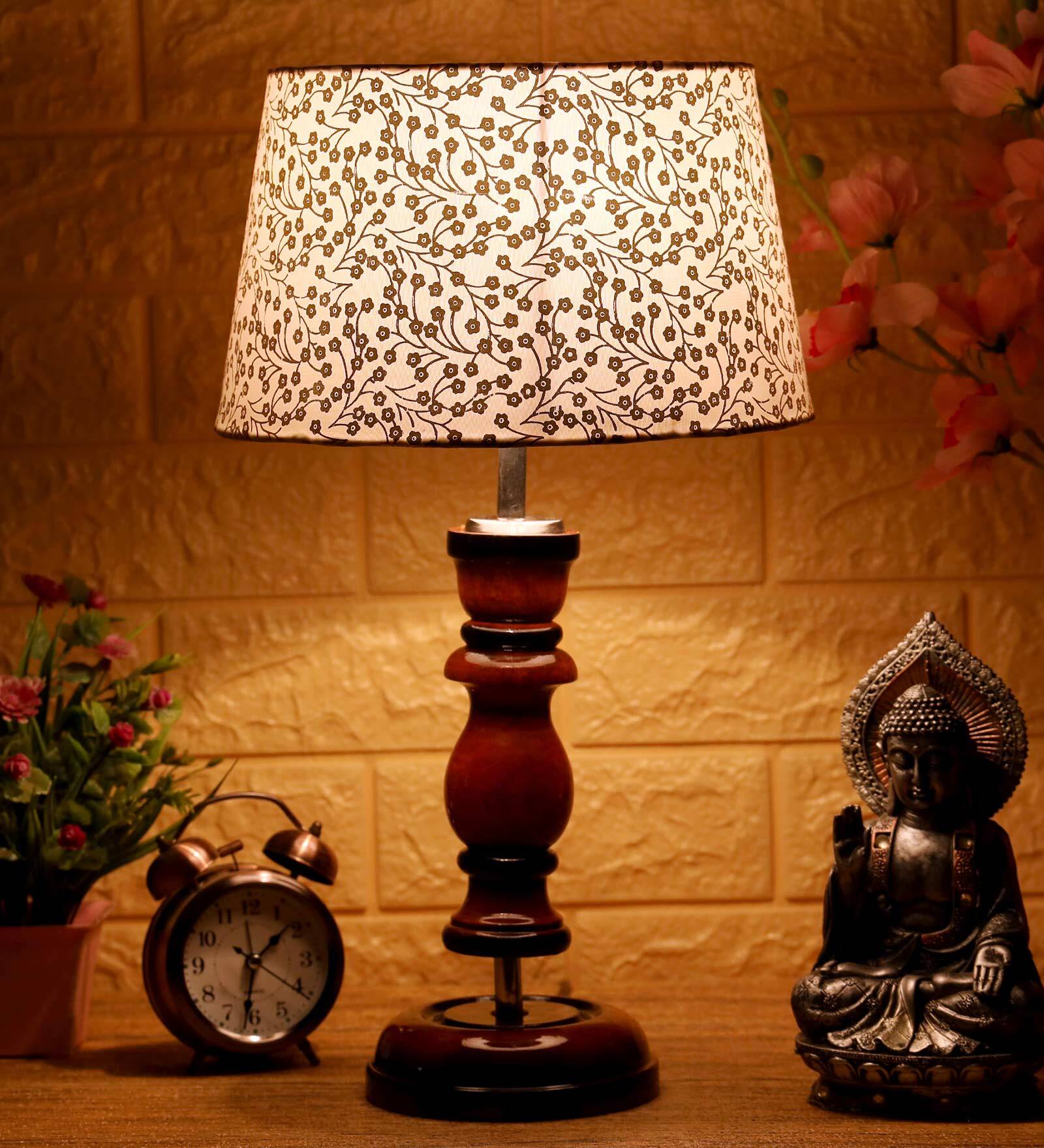 Turin Beige and Gold Fabric Shade Night Lamp With Wood Base