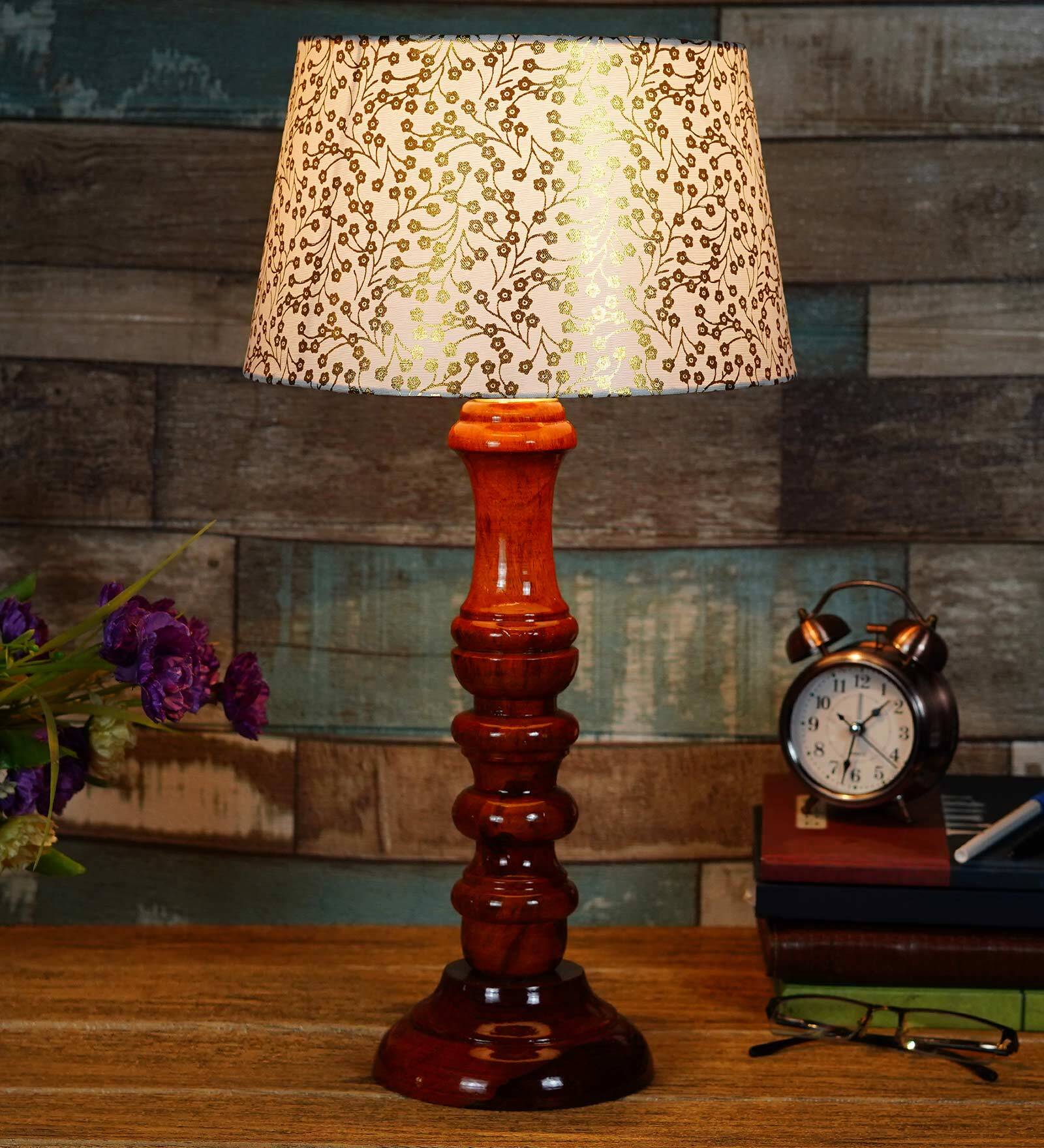 Fauci Beige and Gold Natural Fiber Shade Night Lamp With Wood Base
