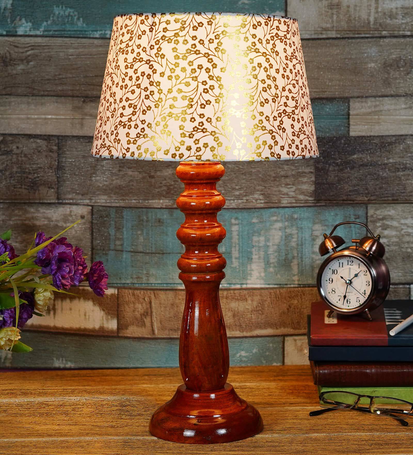 Confined Beige and Gold Fabric Shade Night Lamp With Wood Base