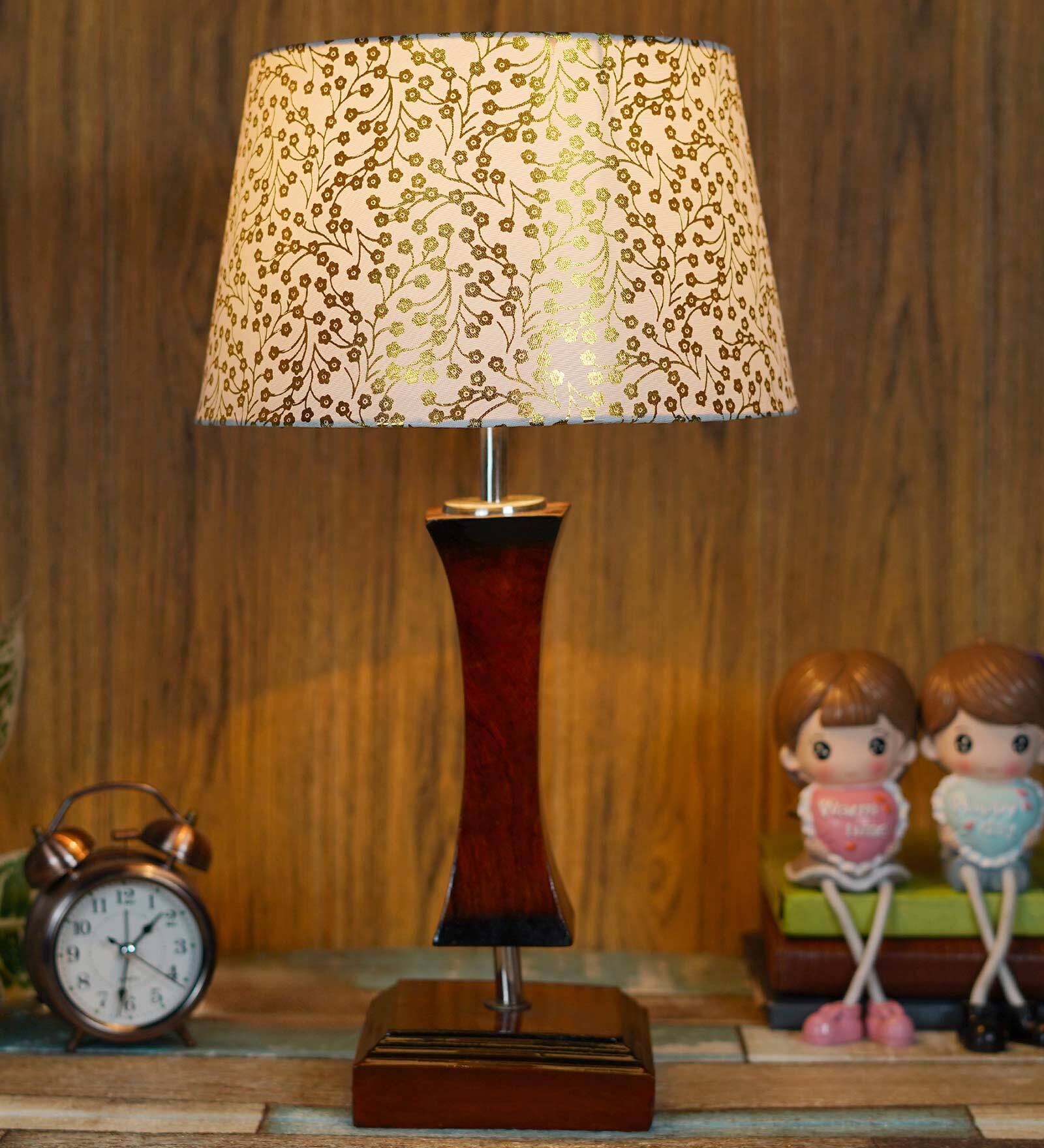 Trieste Beige and Gold Fabric Shade Night Lamp With Wood Base