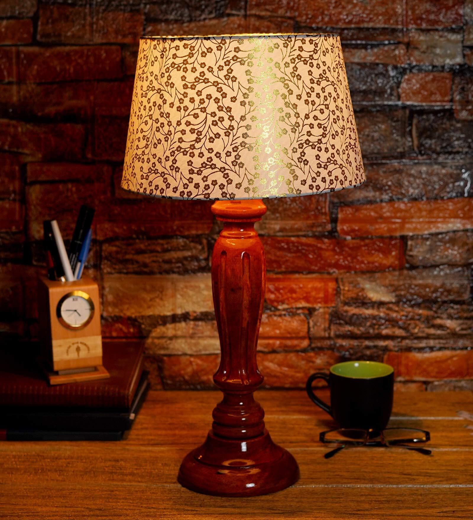 Shizen Beige and Gold Fabric Shade Night Lamp With Wood Base