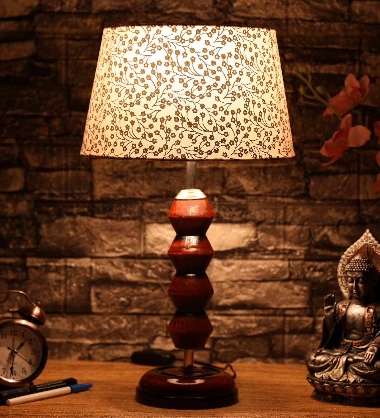 Petunia Beige and Gold Fabric Shade Night Lamp With Wood Base