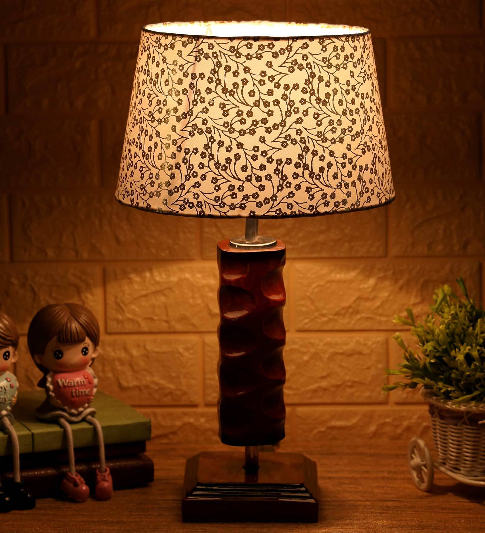 Chelsfield Beige and Gold Fabric Shade Night Lamp With Wood Base