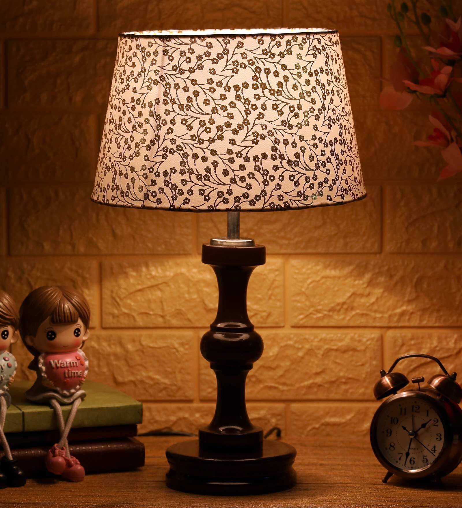 Vrikshya Beige and Gold Fabric Shade Night Lamp With Wood Base