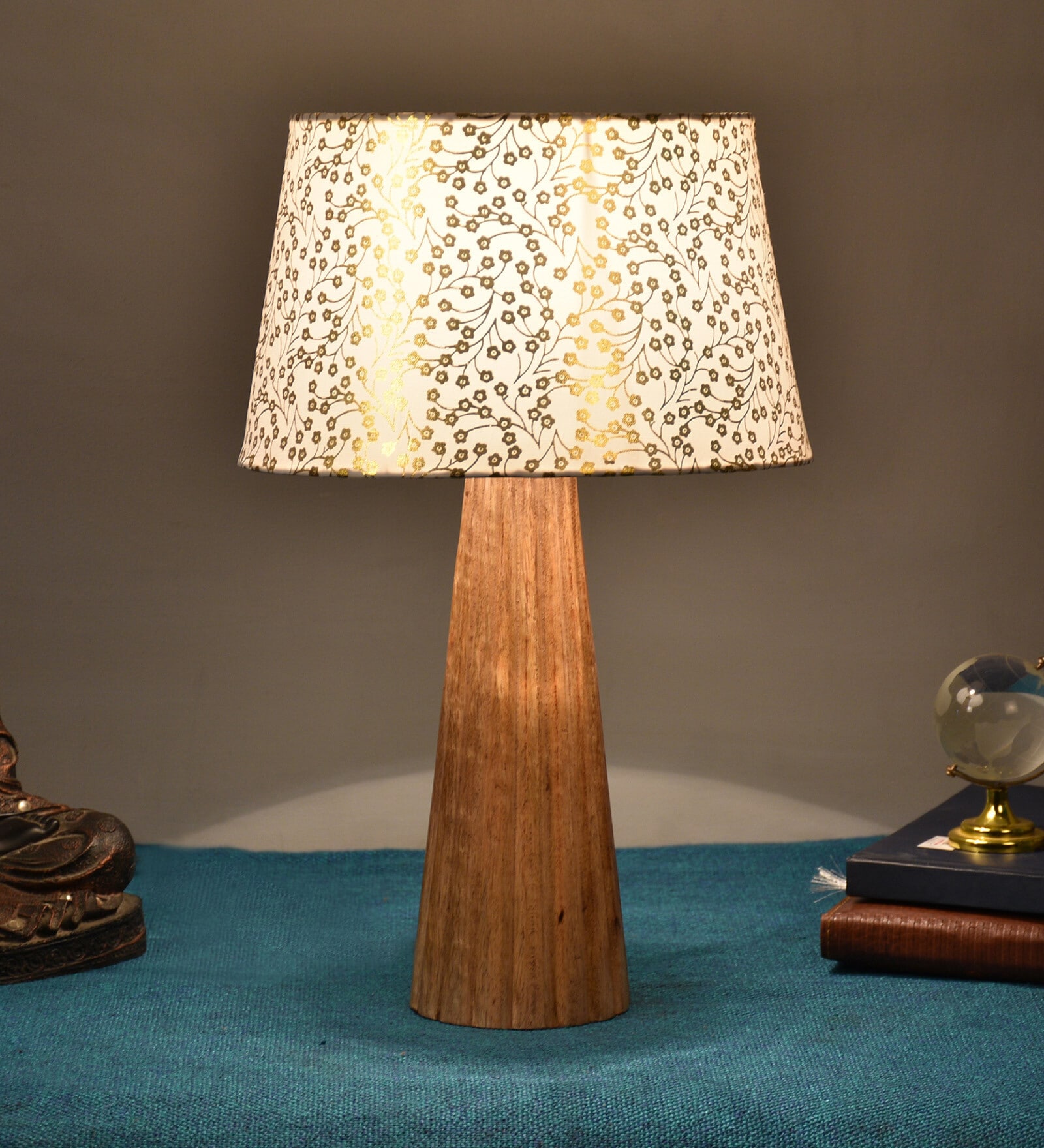 Skyline Beige and Gold Fabric Shade Night Lamp With Wood Base