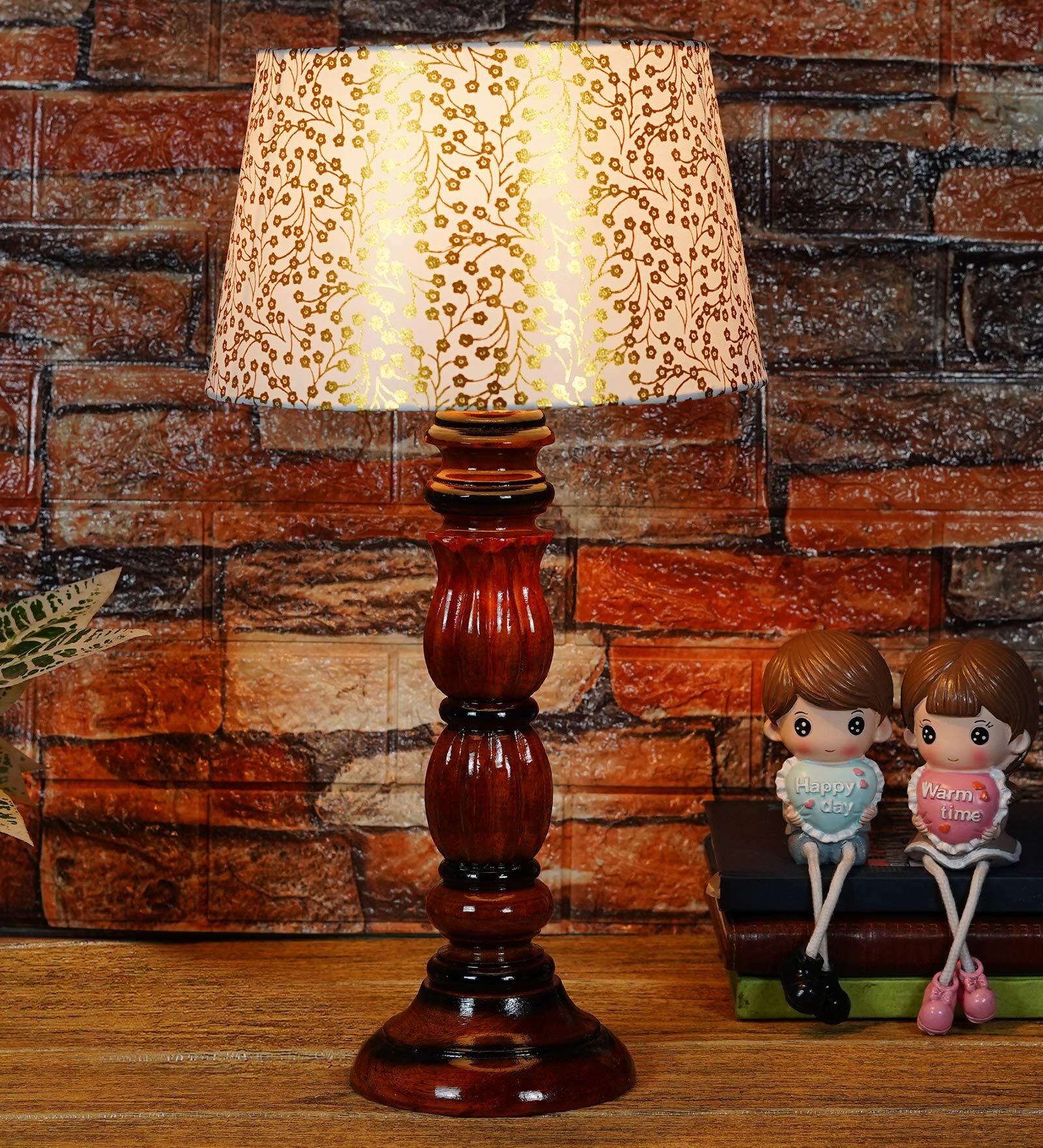 Lavery Beige and Gold Fabric Shade Night Lamp With Wood Base
