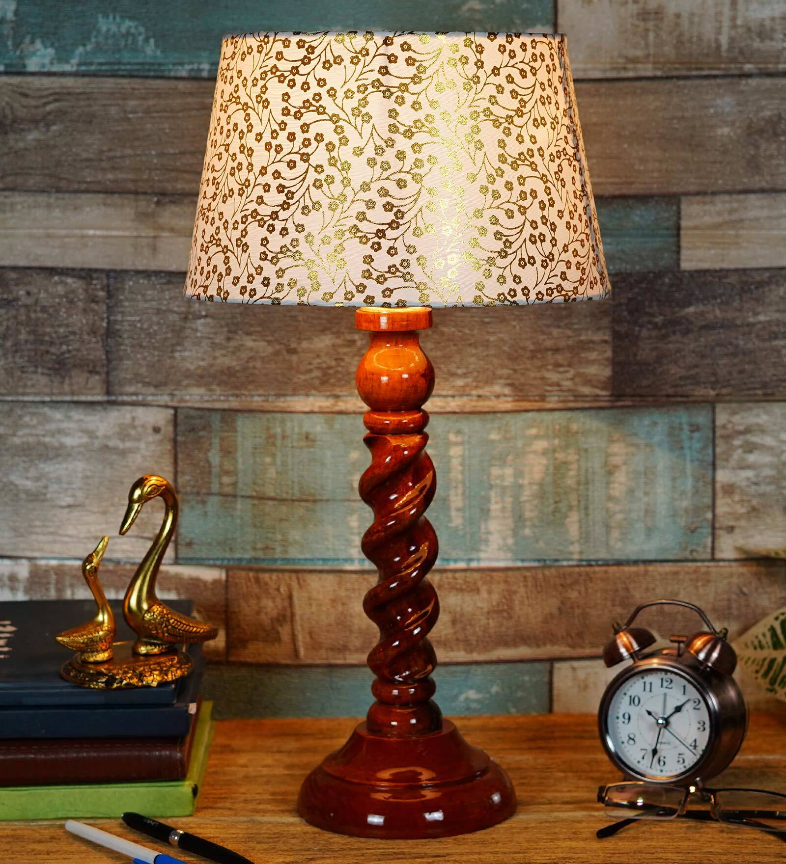 Siena Beige and Gold Fabric Shade Night Lamp With Wood Base