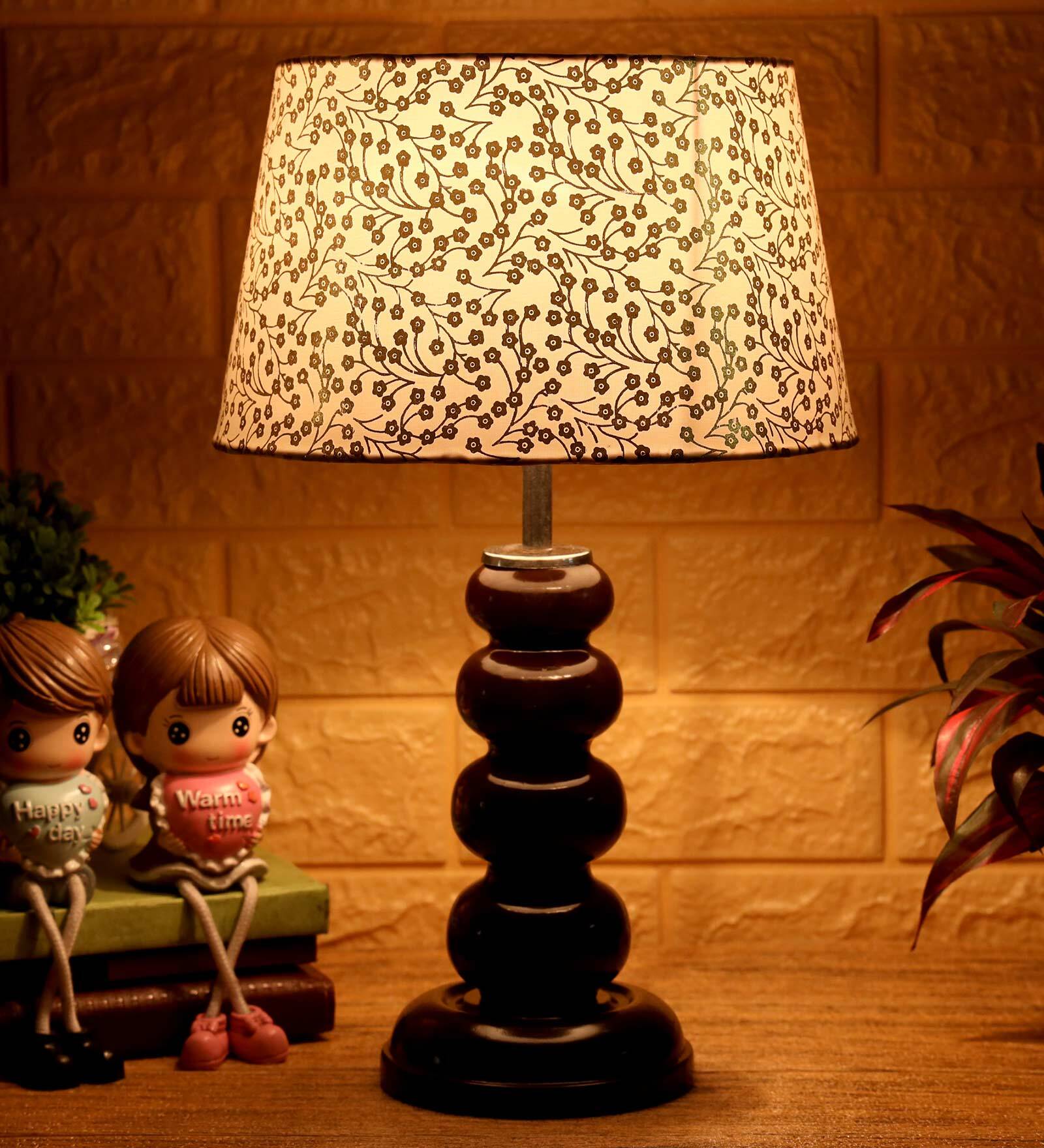 Caged Beige and Gold Fabric Shade Night Lamp With Wood Base