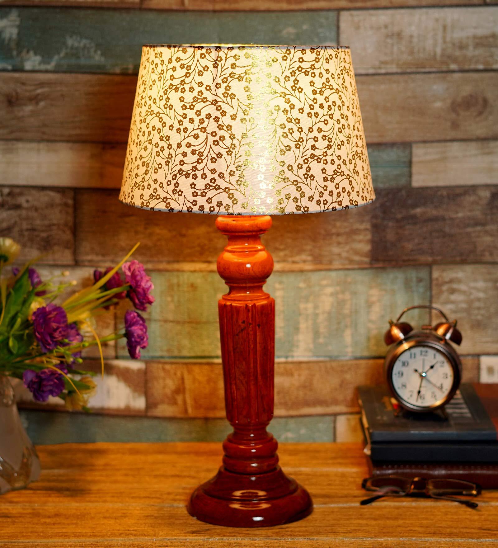 Century Beige and Gold Fabric Shade Night Lamp With Wood Base