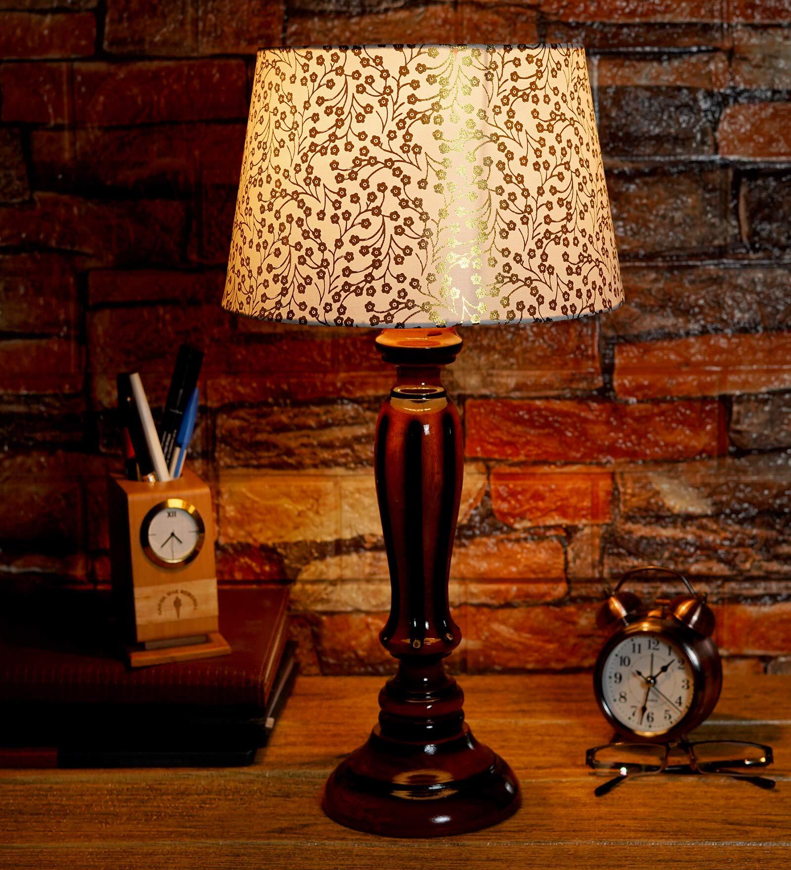 Adriana Beige and Gold Fabric Shade Night Lamp With Wood Base