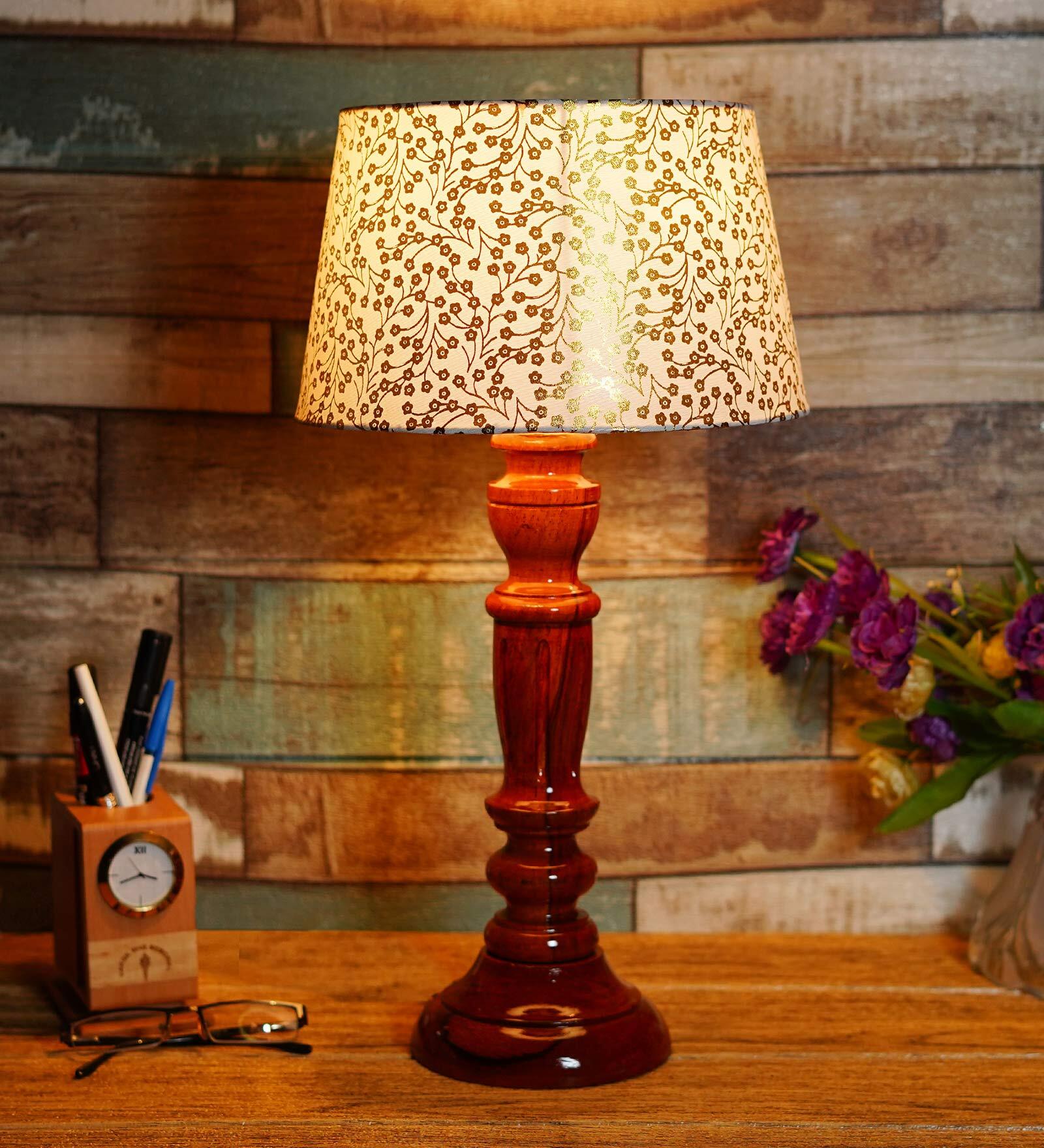 Delicea Beige and Gold Fabric Shade Night Lamp With Wood Base