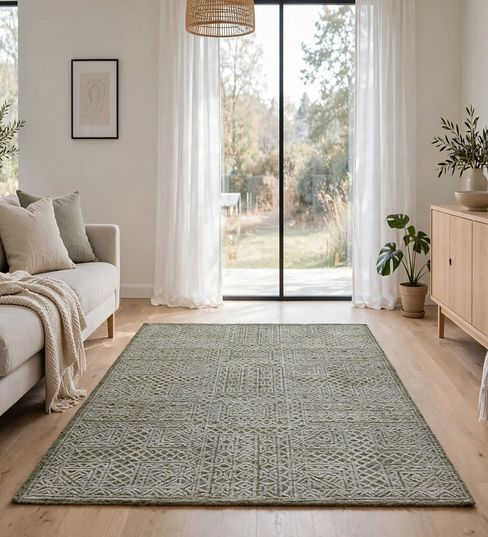 Beige & Green Geometric Wool And Cotton 8 X 5 Feet Hand Tufted Carpet