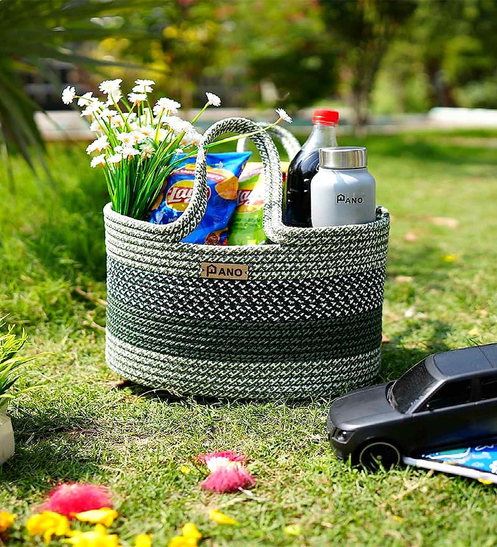 Beige & Green Polypropelyene Floris Tote Storage Basket