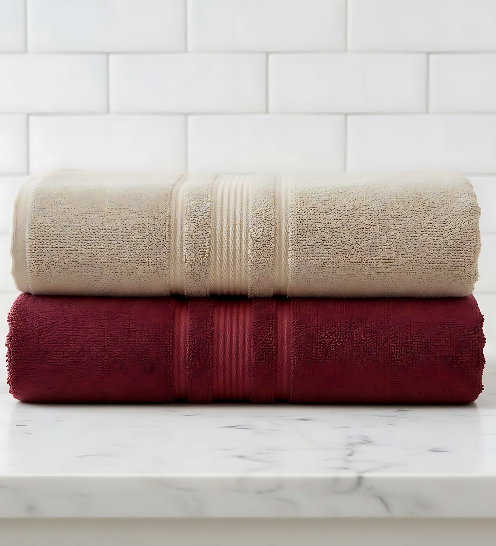Beige & Maroon Soft Cotton 500 GSM Solid Bath Towel Pack Of 2