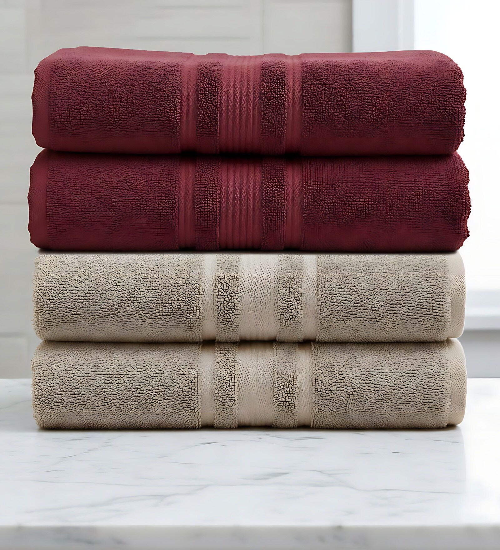 Beige & Maroon Soft Cotton 500 GSM Solid Bath Towel Pack Of 4