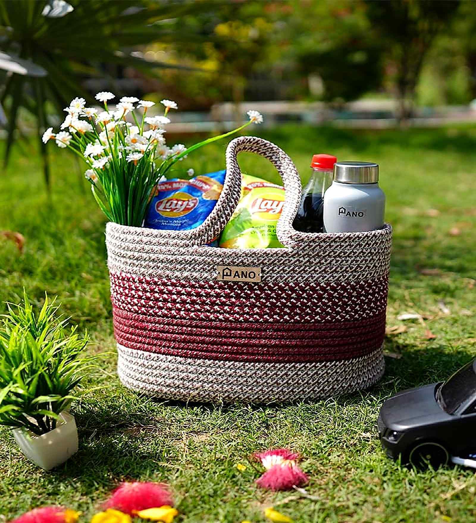 Beige & Maroon Polypropelyene Floris Tote Storage Basket
